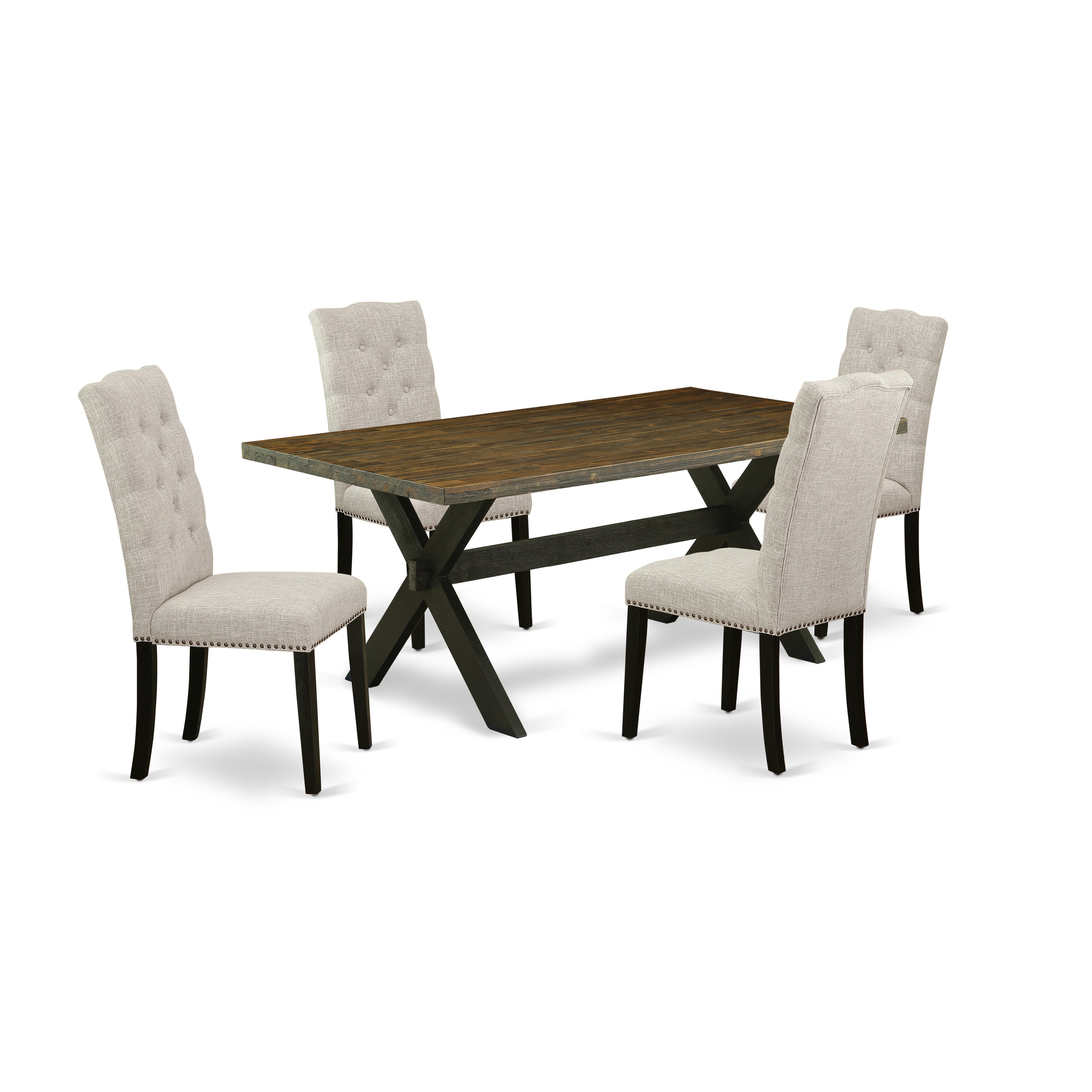 East West Furniture X677EL635-5 5-Pc Mid Century Dining Table SetIncluded 4 Parson dining room chairs Upholstered Seat and High Button Tufted Chair Back and Rectangular Table with Distressed Jacobean Dining Table top (Black Finish)