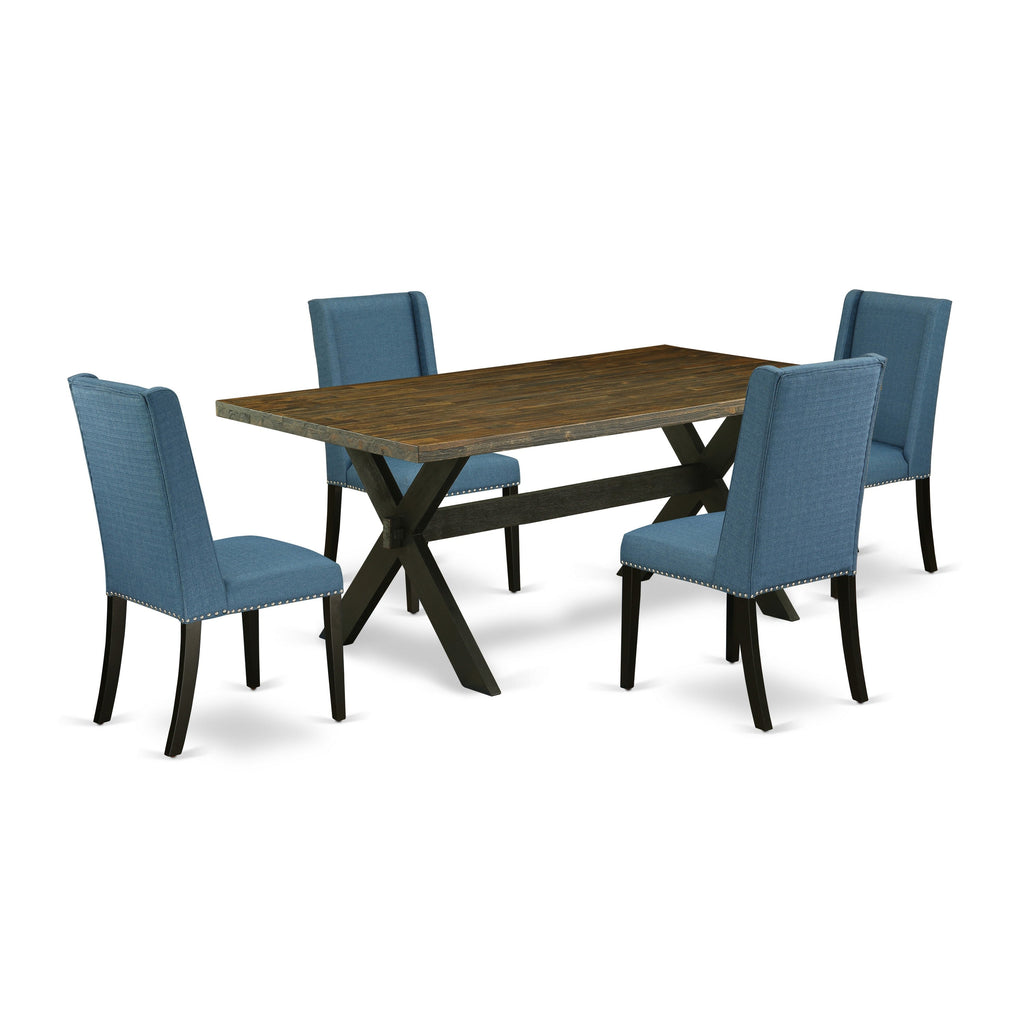 East West Furniture X677FL121-5 5 Piece Dining Room Furniture Set Includes a Rectangle Dining Table with X-Legs and 4 Blue Linen Fabric Upholstered Chairs, 40x72 Inch, Multi-Color