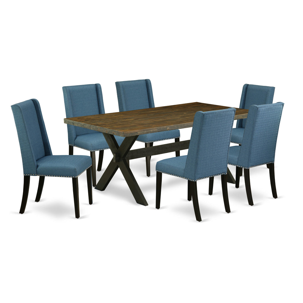 East West Furniture X677FL121-7 7 Piece Kitchen Table Set Consist of a Rectangle Dining Table with X-Legs and 6 Blue Linen Fabric Parsons Dining Chairs