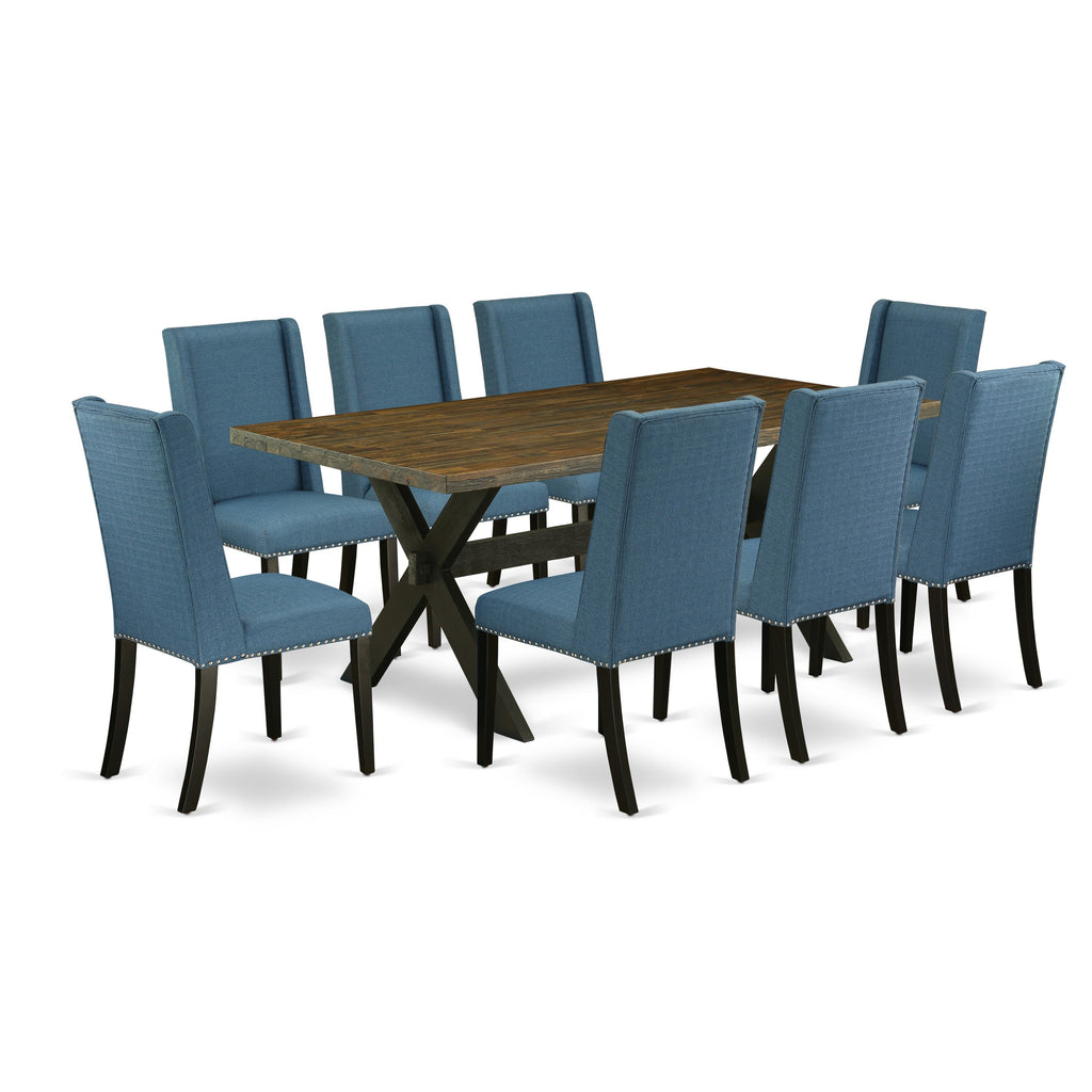 East West Furniture X677FL121-9 9 Piece Dining Room Furniture Set Includes a Rectangle Dining Table with X-Legs and 8 Blue Linen Fabric Upholstered Chairs