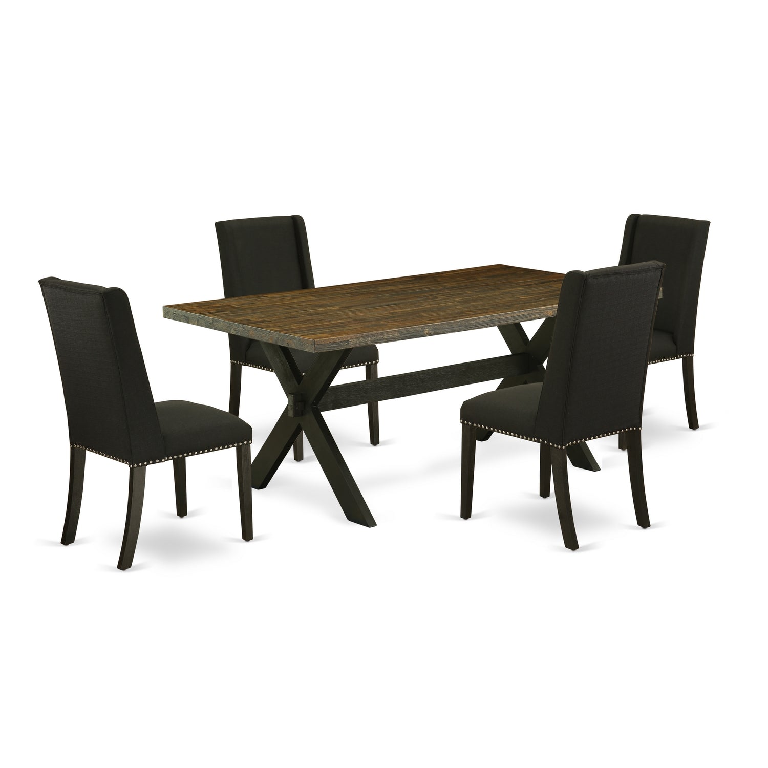 East West Furniture X677FL624-5 5-Piece Dining room SetIncluded 4 Parson Dining chairs Upholstered Seat and Stylish Chair Back and Rectangular Mid Century Dining Table with Distressed Jacobean Dining Table top (Black Finish)