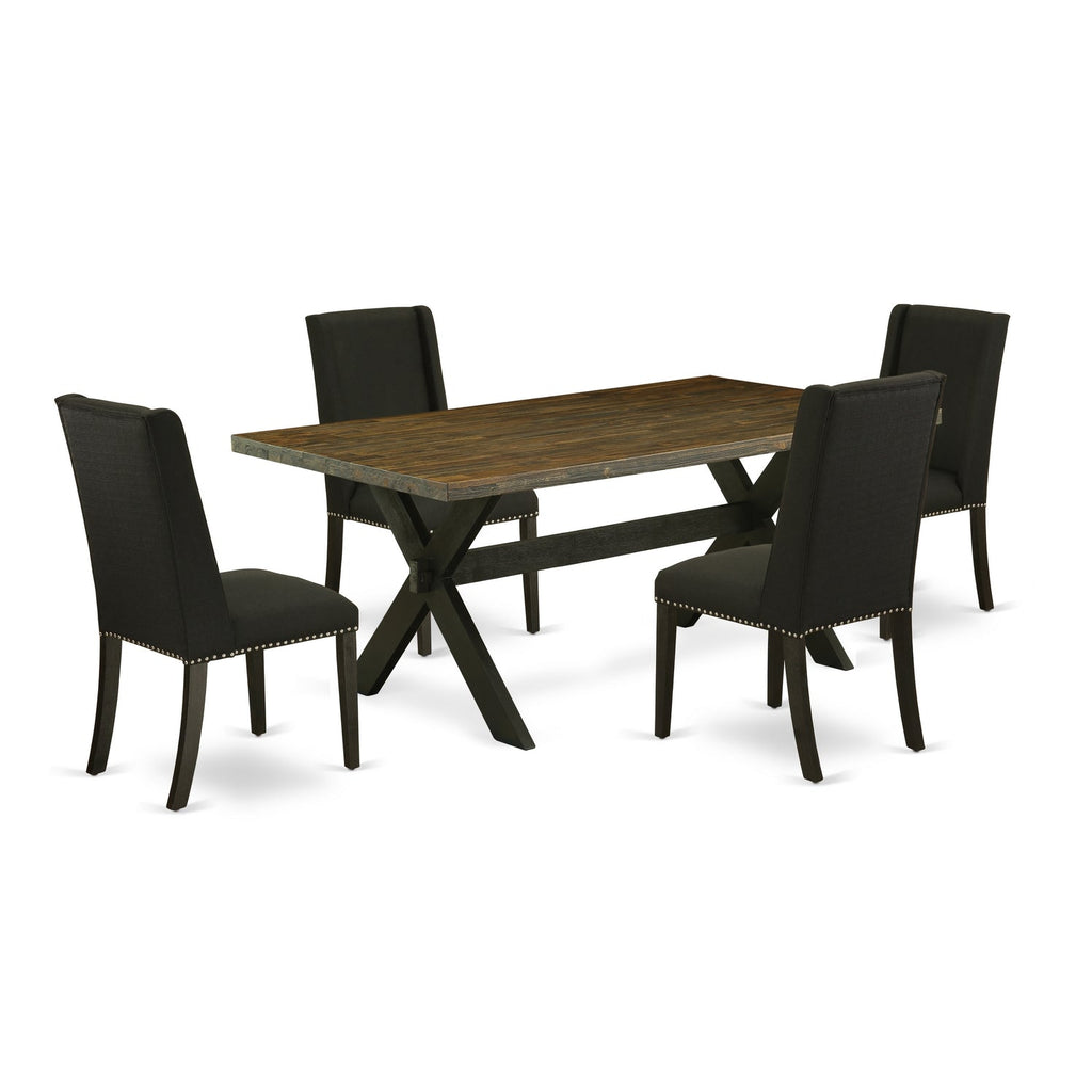East West Furniture X677FL624-5 5 Piece Dining Room Furniture Set Includes a Rectangle Dining Table with X-Legs and 4 Black Linen Fabric Parsons Chairs