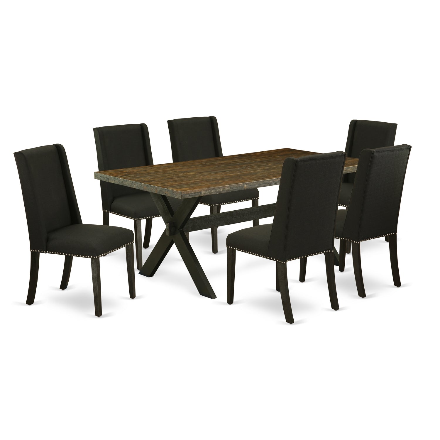 Juego de mesa de comedor moderna East West Furniture X677FL624-7 de 7 piezas compuesto por una mesa rectangular de madera con patas en forma de X y 6 sillas de comedor Parson de tela de lino negro.