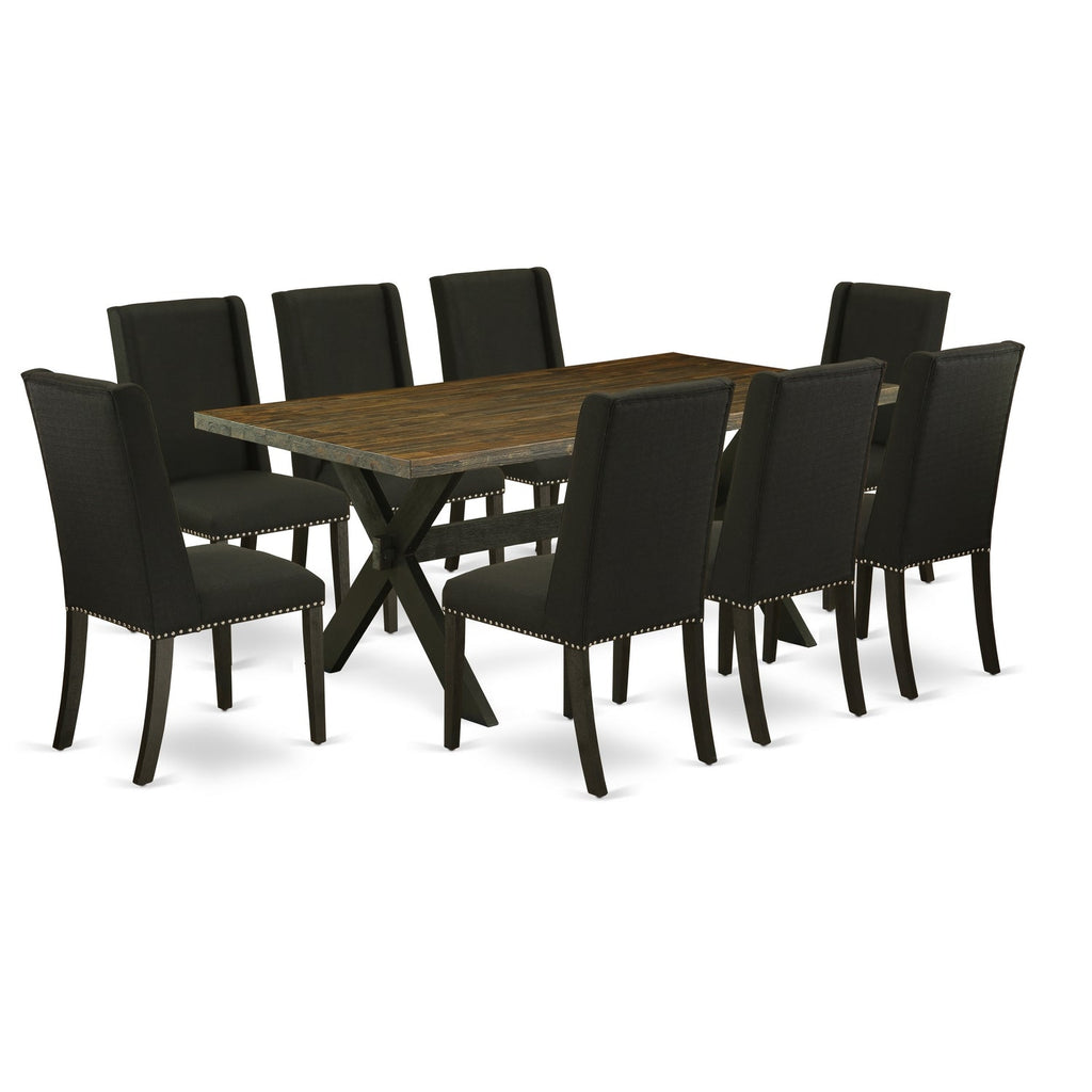East West Furniture X677FL624-9 9 Piece Dining Table Set Includes a Rectangle Dining Room Table with X-Legs and 8 Black Linen Fabric Upholstered Parson Chairs, 40x72 Inch, Multi-Color