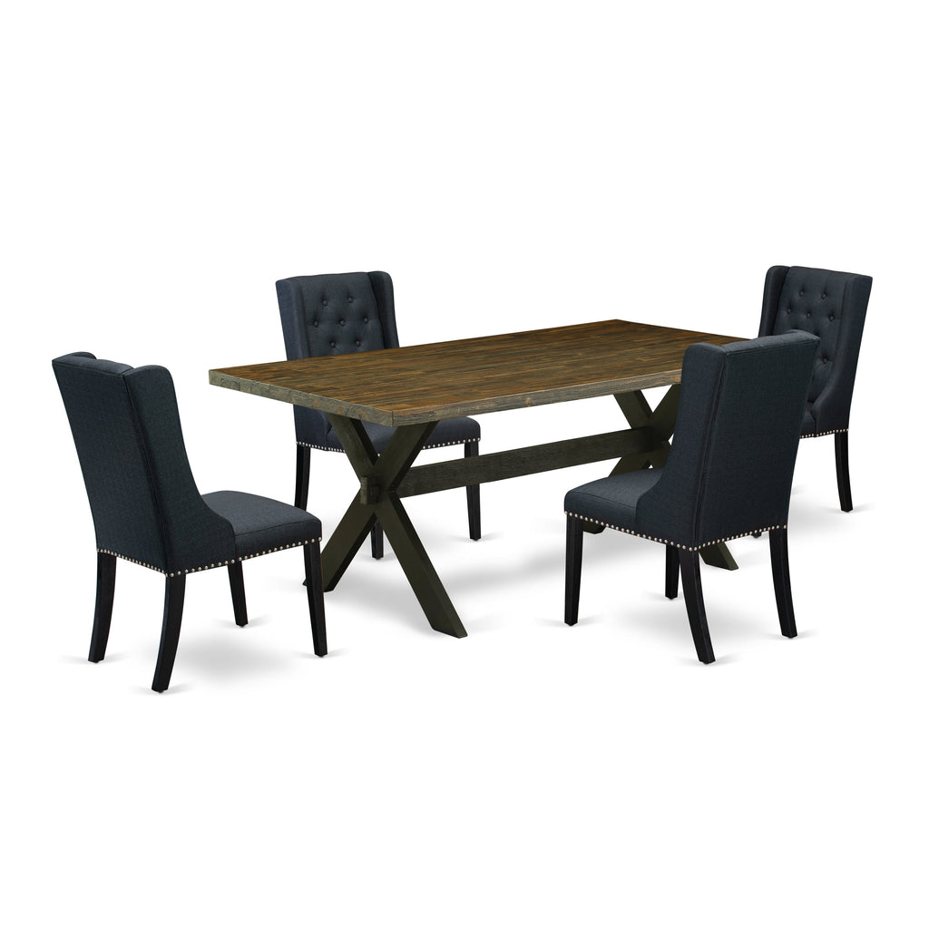East West Furniture X677FO624-5 5 Piece Dining Set Includes a Rectangle Dining Room Table with X-Legs and 4 Black Linen Fabric Upholstered Parson Chairs