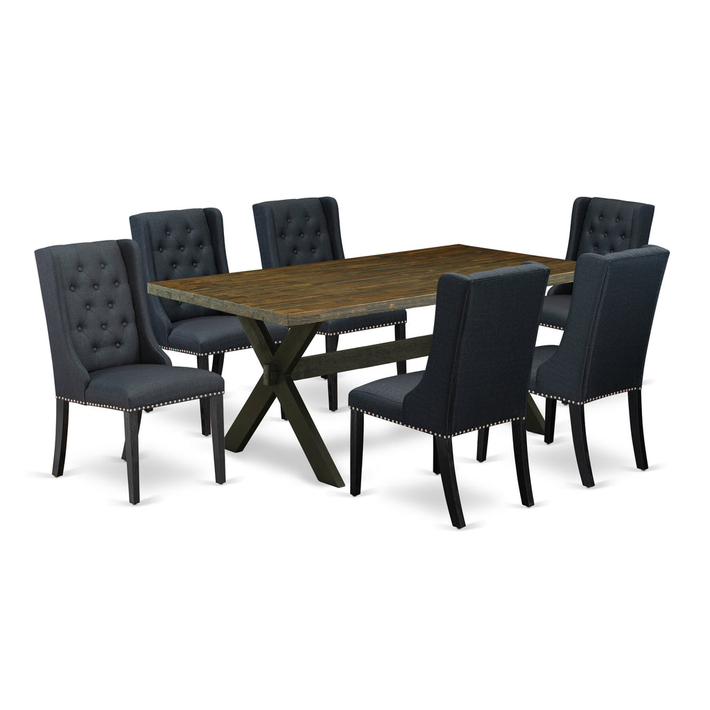 East West Furniture X677FO624-7 7 Piece Dining Table Set Consist of a Rectangle Dining Room Table with X-Legs and 6 Black Linen Fabric Upholstered Chairs, 40x72 Inch, Multi-Color