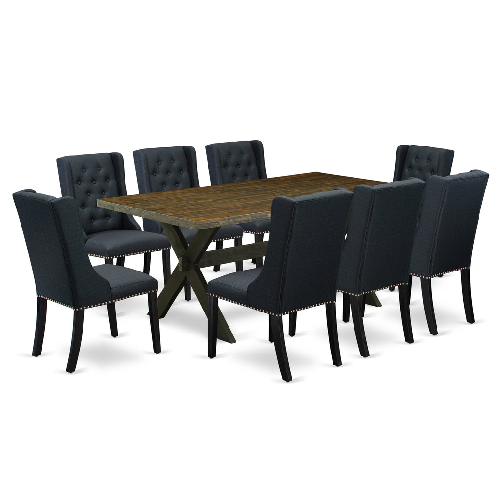 East West Furniture X677FO624-9 9 Piece Dining Set Includes a Rectangle Dining Room Table with X-Legs and 8 Black Linen Fabric Upholstered Chairs