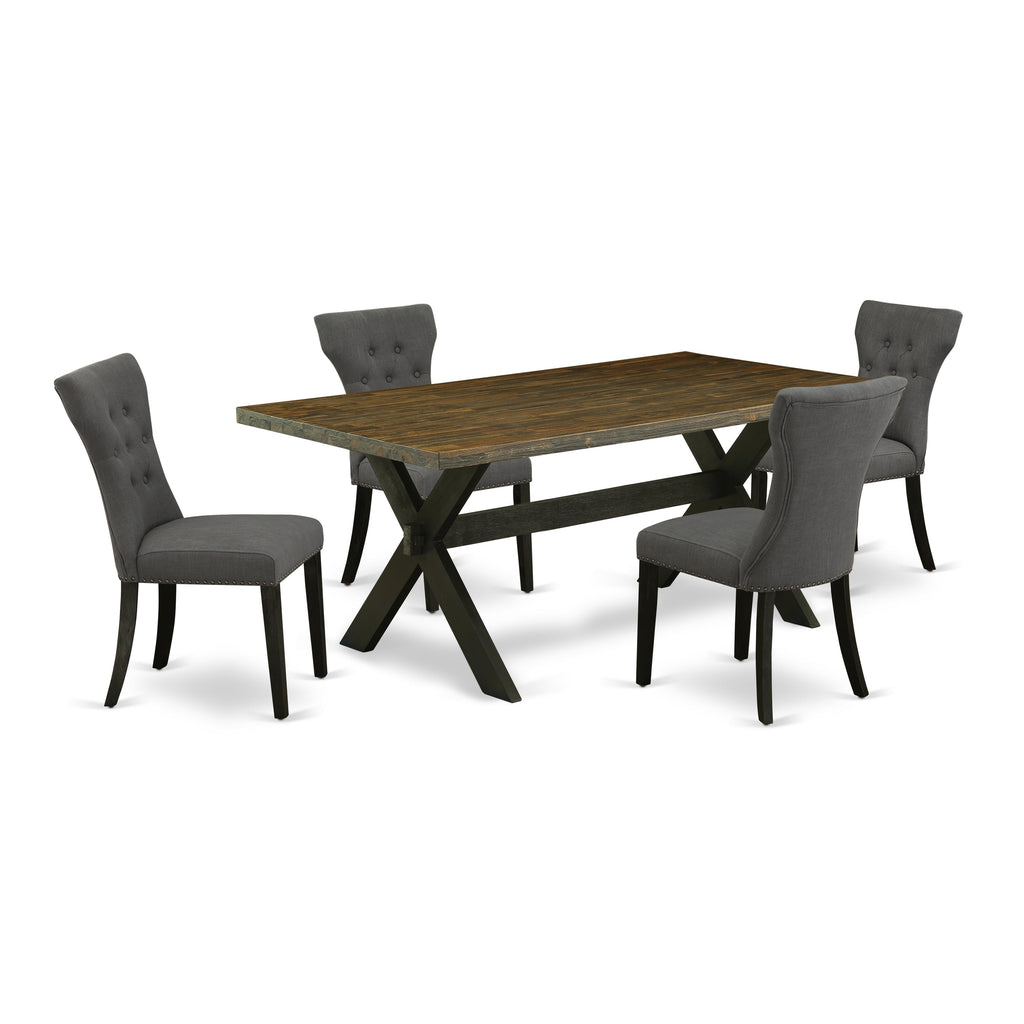 El juego de mesa de comedor de 5 piezas East West Furniture X677GA650-5 incluye una mesa de cocina rectangular con patas en forma de X y 4 sillas de comedor Parson de tela de lino Gotham oscuro.