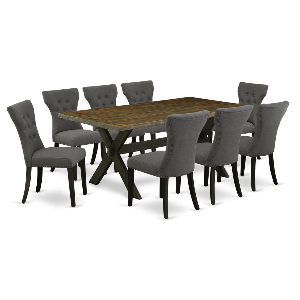 East West Furniture X677GA650-9 9 Piece Dining Table Set Includes a Rectangle Dining Room Table with X-Legs and 8 Dark Gotham Linen Fabric Upholstered Chairs, 40x72 Inch, Multi-Color