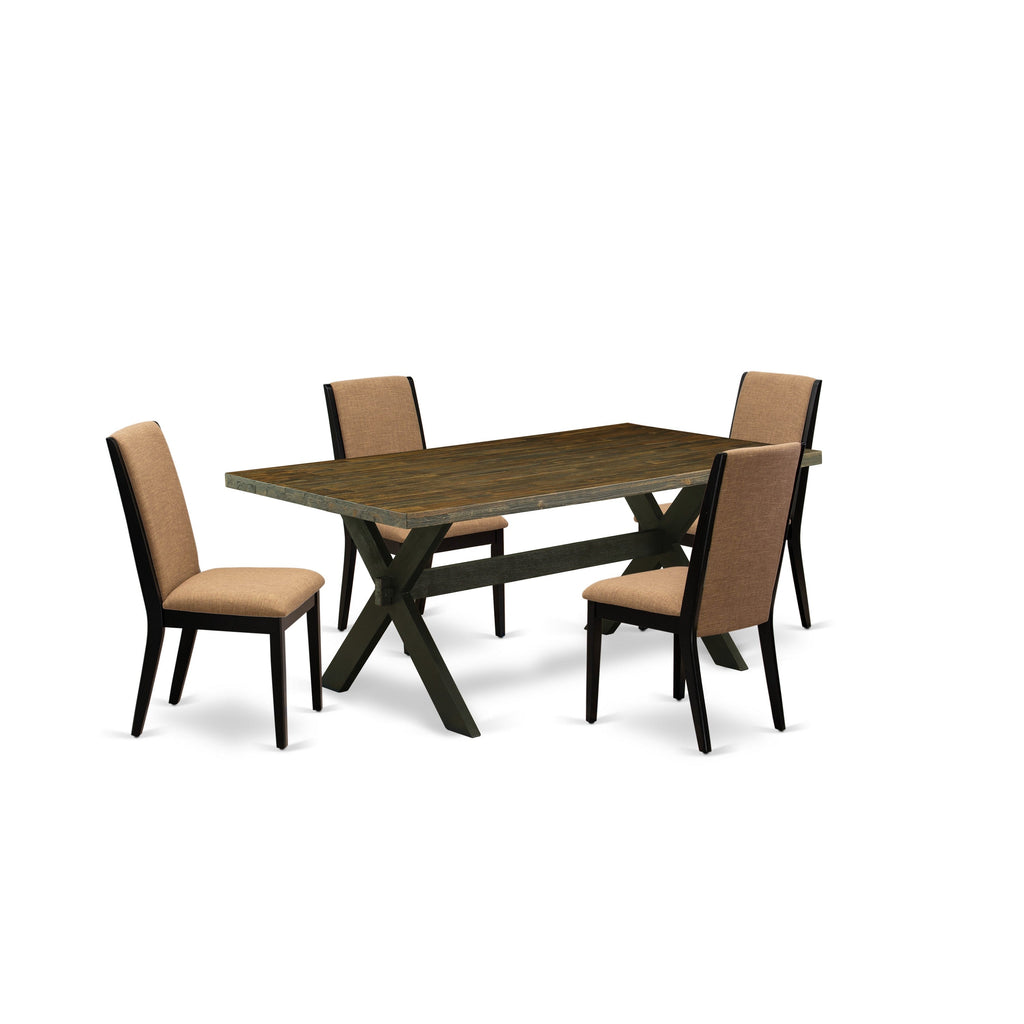 Juego de mesa de comedor moderna de 5 piezas East West Furniture X677LA147-5 Incluye una mesa rectangular de madera con patas en forma de X y 4 sillas de comedor Parson de tela de lino color sable claro