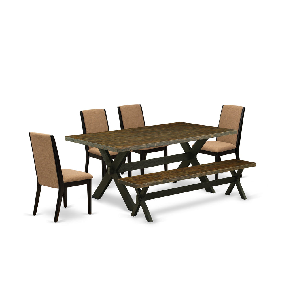 Juego de mesa de comedor de 6 piezas East West Furniture X677LA147-6. Contiene una mesa de cocina rectangular con patas en forma de X y 4 sillas Parson de tela de lino color sable claro con un banco.