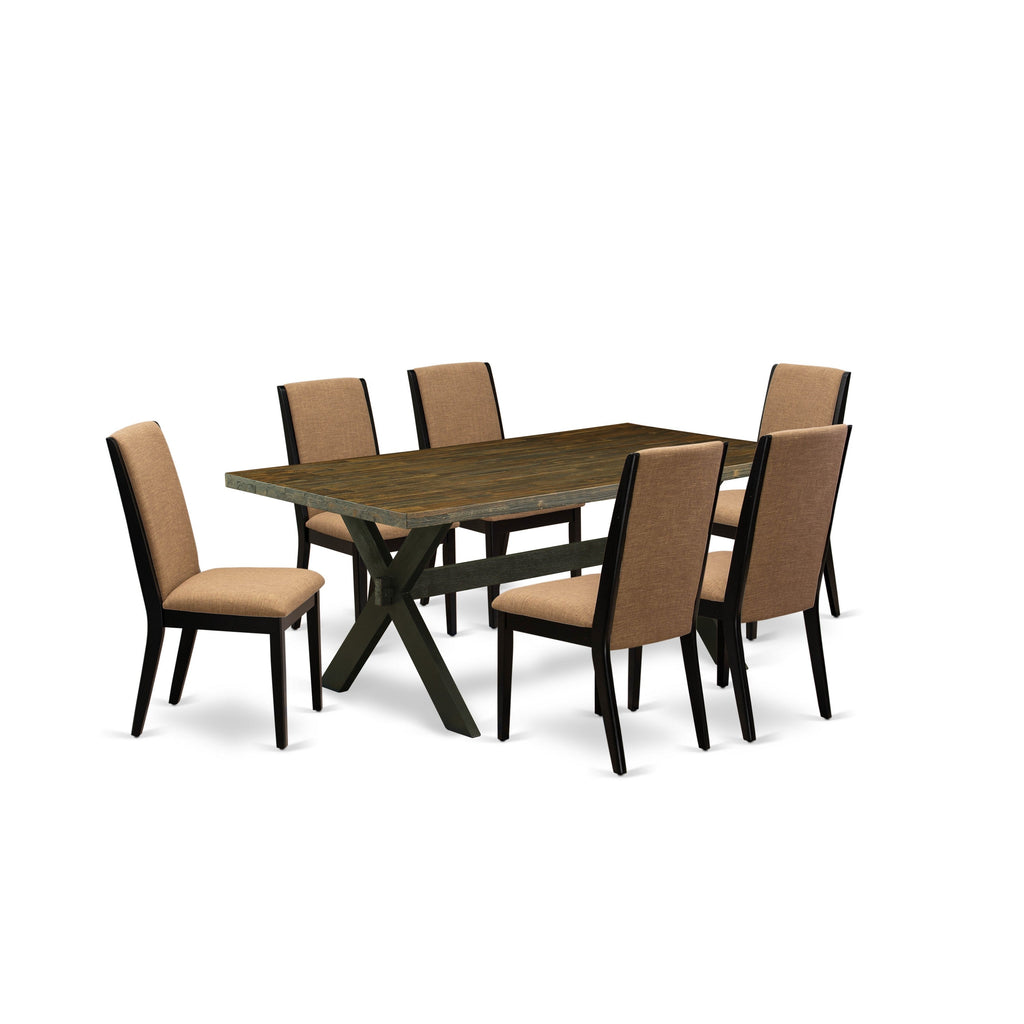 Juego de mesa de comedor East West Furniture X677LA147-7 de 7 piezas compuesto por una mesa de cocina rectangular con patas en forma de X y 6 sillas tapizadas en tela de lino color sable claro.