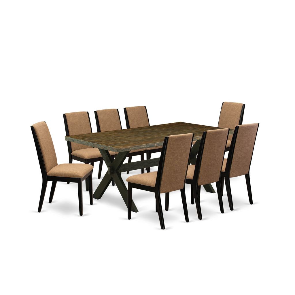 Juego de comedor de 9 piezas East West Furniture X677LA147-9. Incluye una mesa de comedor rectangular con patas en forma de X y 8 sillas tapizadas en tela de lino color sable claro.