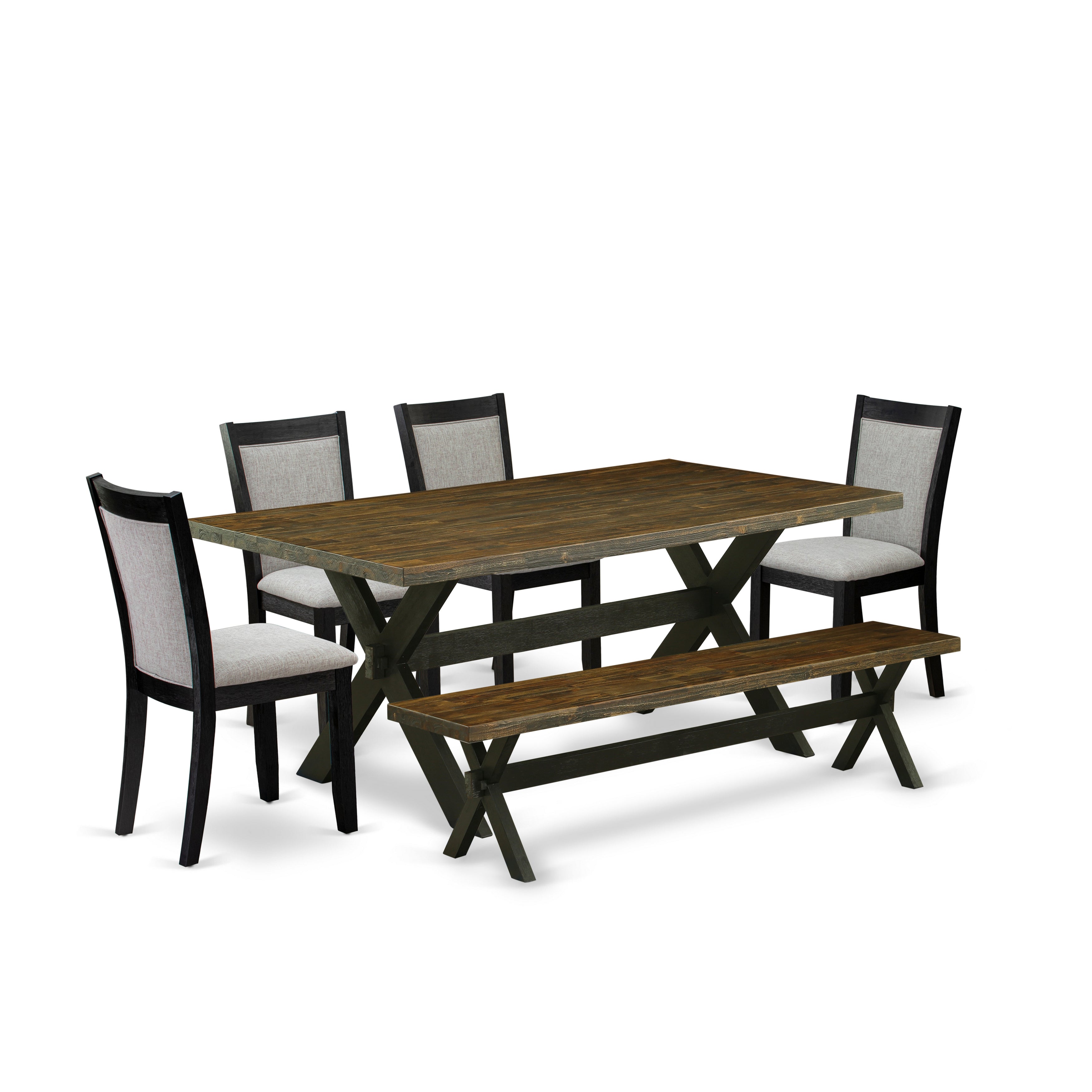 East West Furniture X677MZ606-6 6 Pc Dinner Table Set - Distressed Jacobean Top Modern Dining Table with a Kitchen Bench and 4 Shitake Linen Fabric Upholstered Chairs - Wire Brushed Black Finish