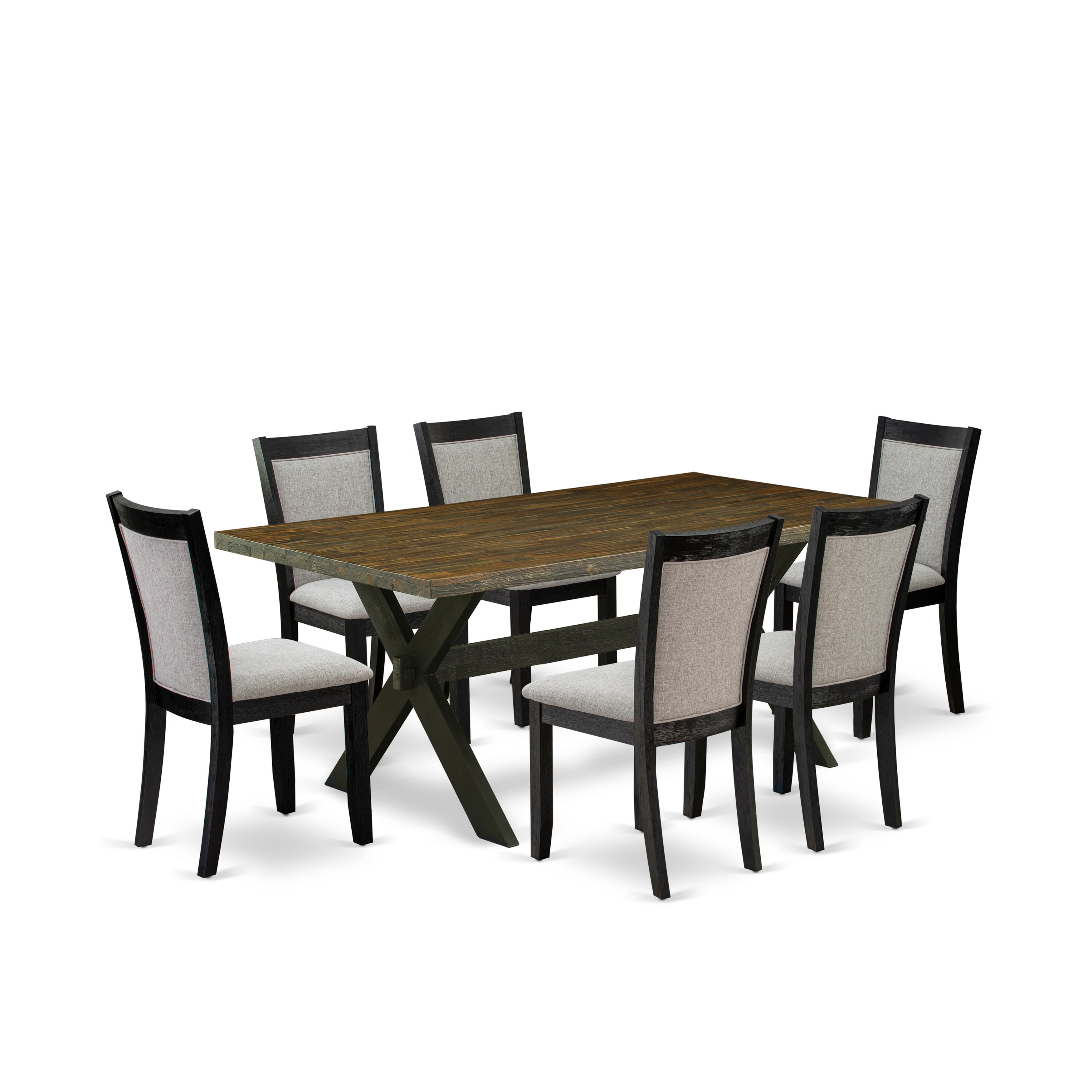 East West Furniture X677MZ606-7 7 Piece Dining Set - Distressed Jacobean Top Dinning Table with Trestle Base and 6 Shitake Linen Fabric Mid Century Dining Chairs - Wire Brushed Black Finish