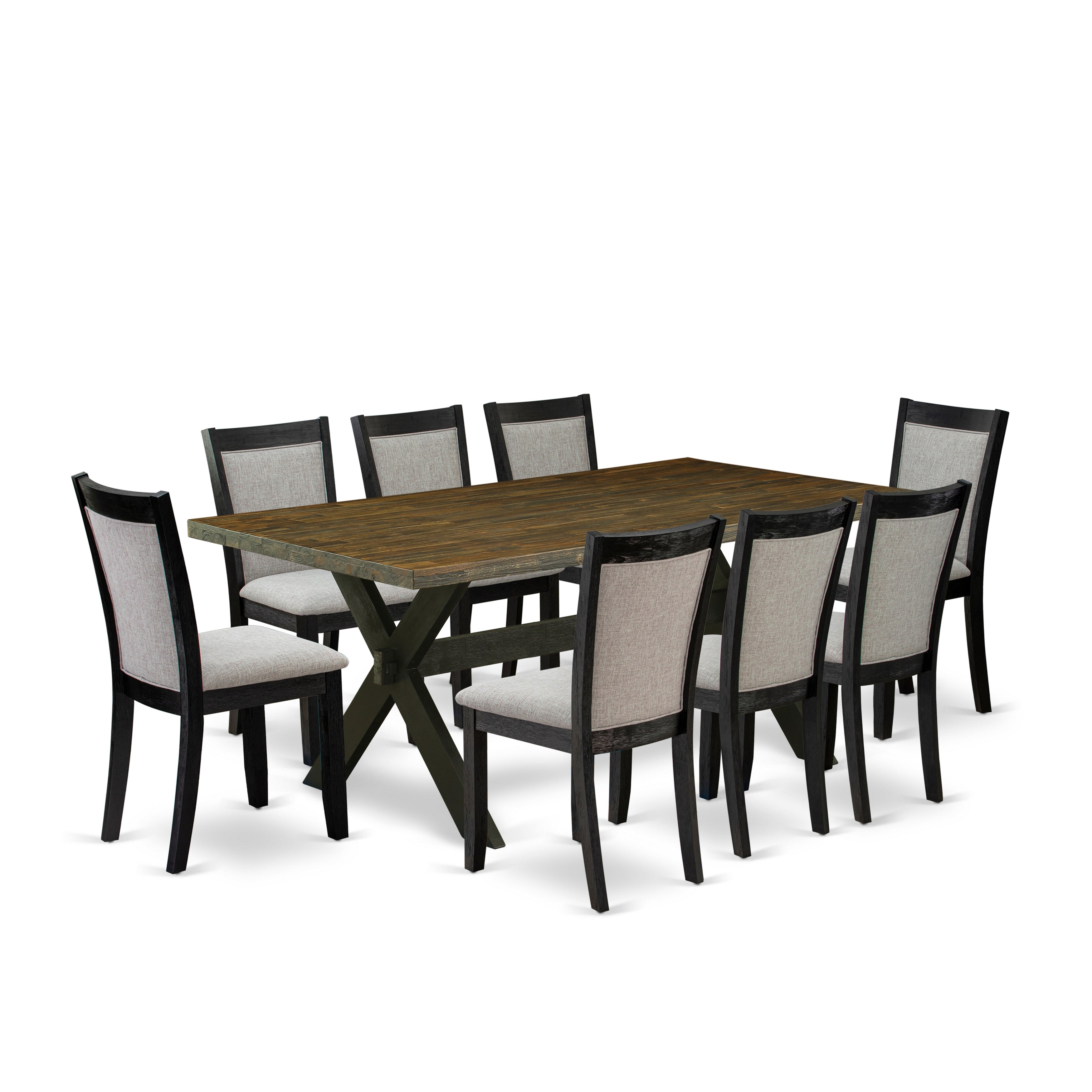 East West Furniture X677MZ606-9 9 Piece Dinette Set - A Distressed Jacobean Top Mid Century Dining Table with Trestle Base and 8 Shitake Linen Fabric Dining Room Chairs - Wire Brushed Black Finish