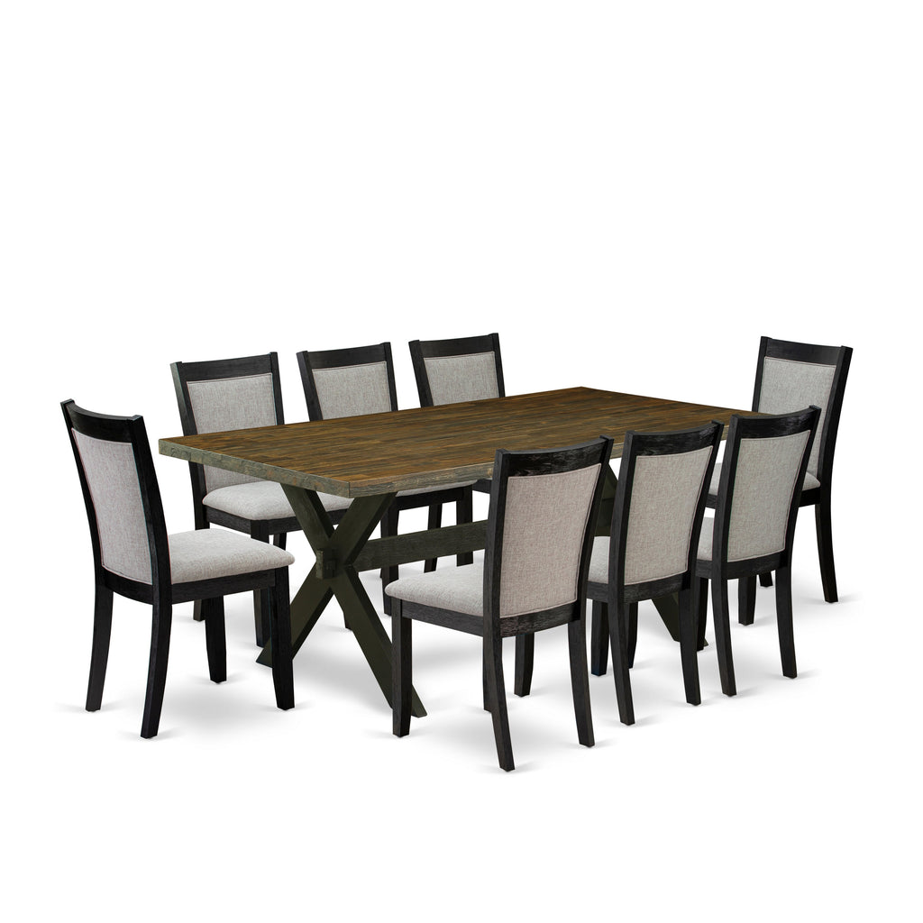 East West Furniture X677MZ606-9 9 Piece Dinette Set - A Distressed Jacobean Top Mid Century Dining Table with Trestle Base and 8 Shitake Linen Fabric Dining Room Chairs - Wire Brushed Black Finish