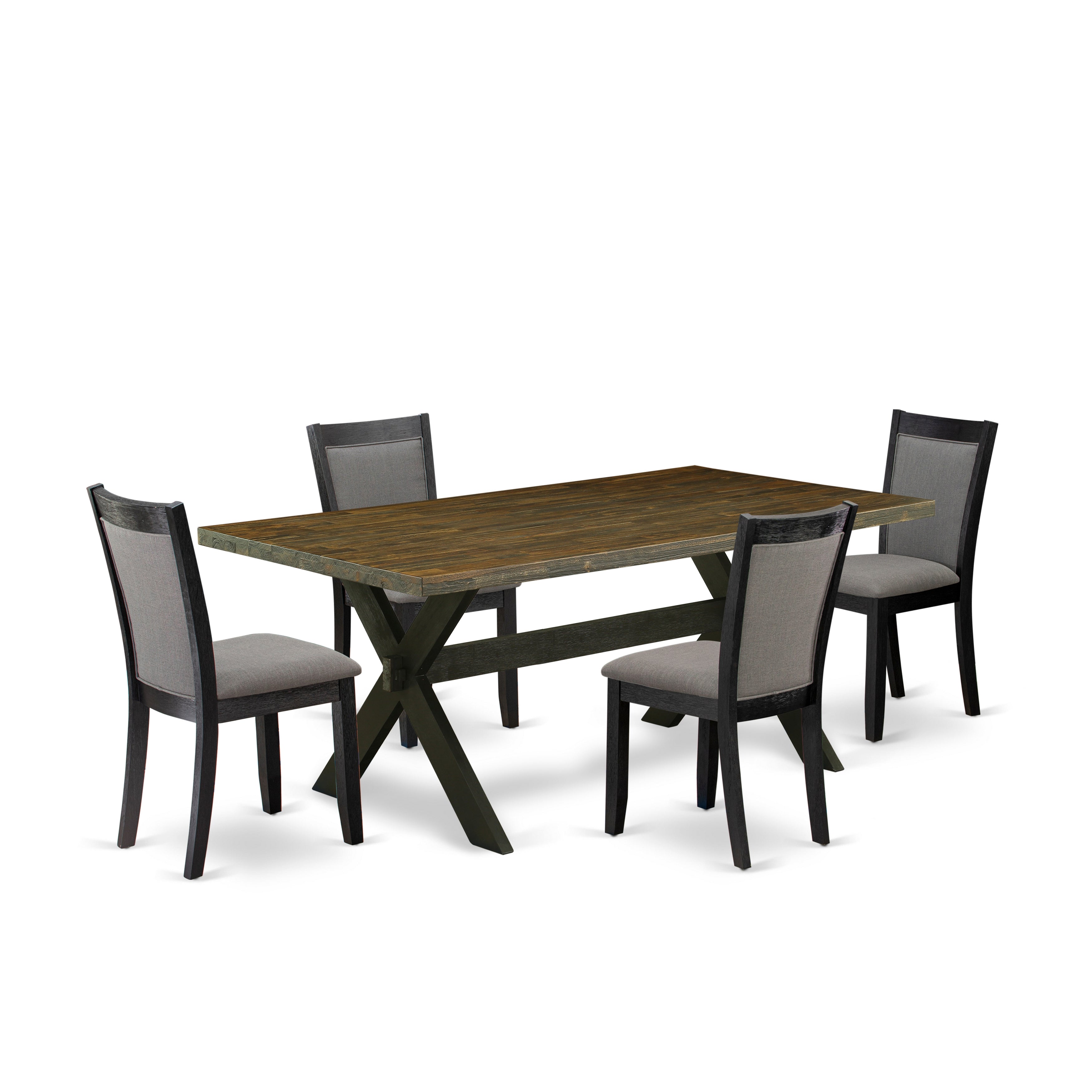 East West Furniture X677MZ650-5 5 Piece Dining Set - Distressed Jacobean Top Dining Table with Trestle Base and 4 Dark Gotham Grey Linen Fabric Upholstered Dining Chairs - Wire Brushed Black Finish