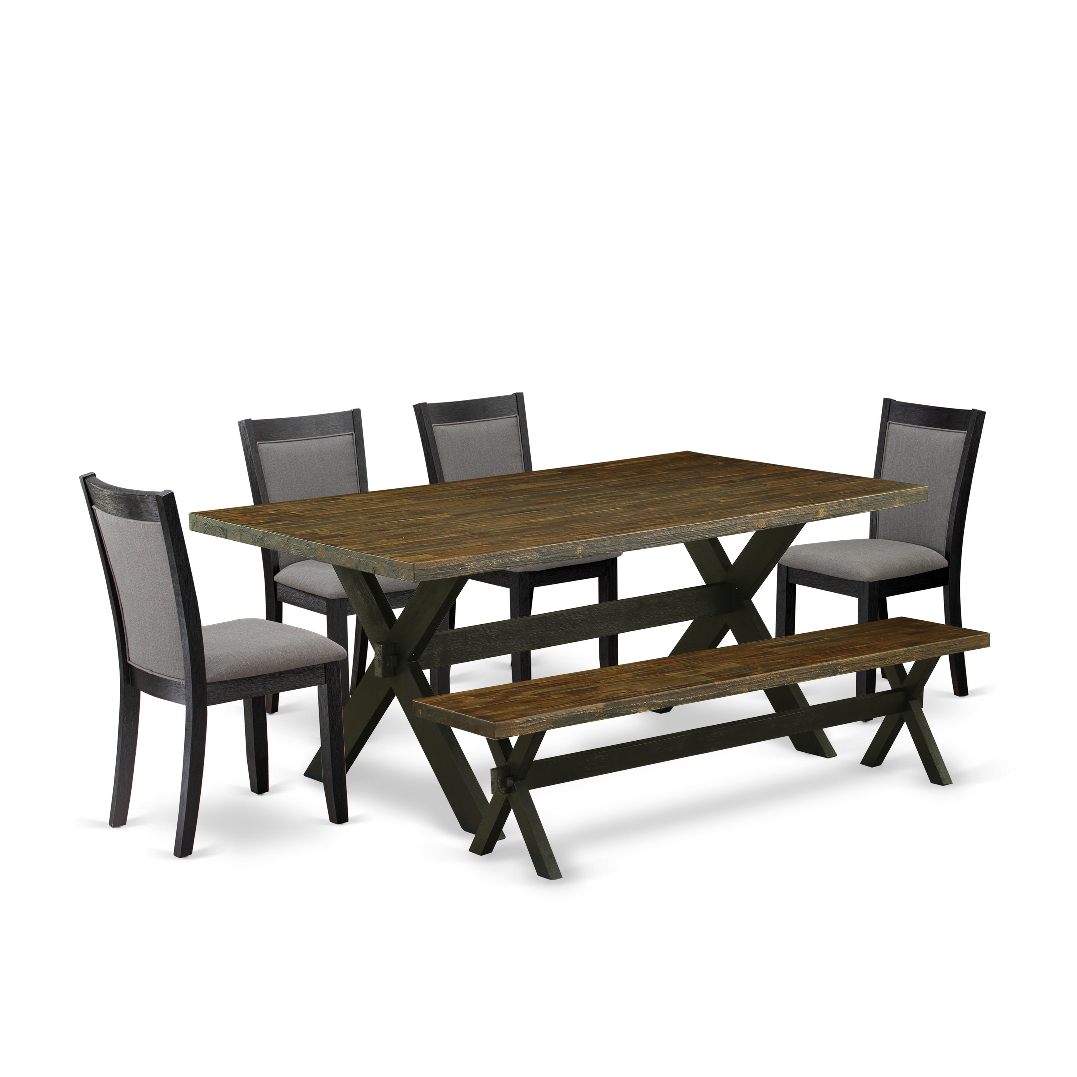 East West Furniture X677MZ650-6 6 Pc Dining Set - Distressed Jacobean Top Dinning Table with a Rustic Bench and 4 Dark Gotham Grey Linen Fabric Upholstered Chairs - Wire Brushed Black Finish