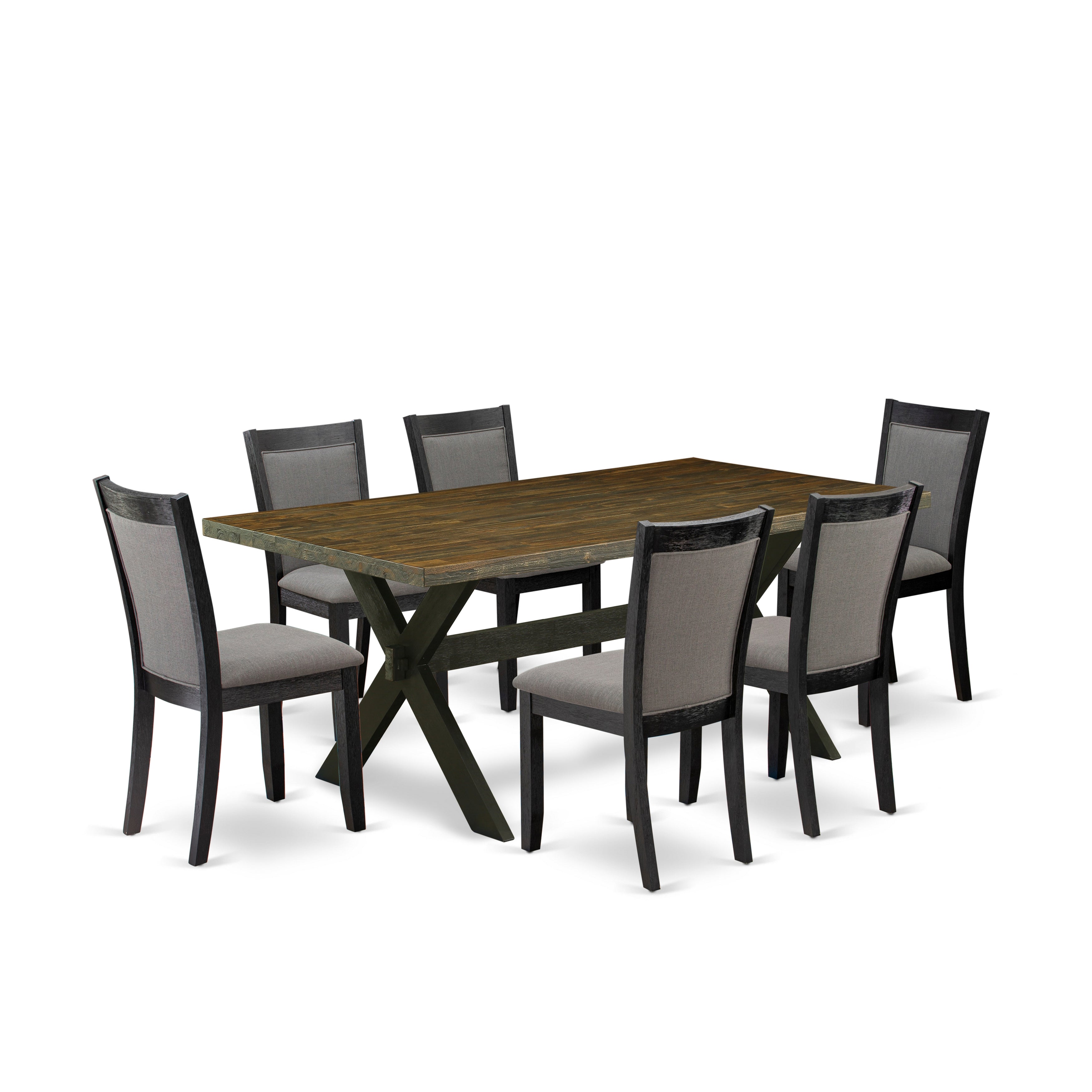 East West Furniture X677MZ650-7 7 Pc Dining Room Table Set - Distressed Jacobean Top Dinning Table with Trestle Base and 6 Dark Gotham Grey Linen Fabric Dining Chairs - Wire Brushed Black Finish