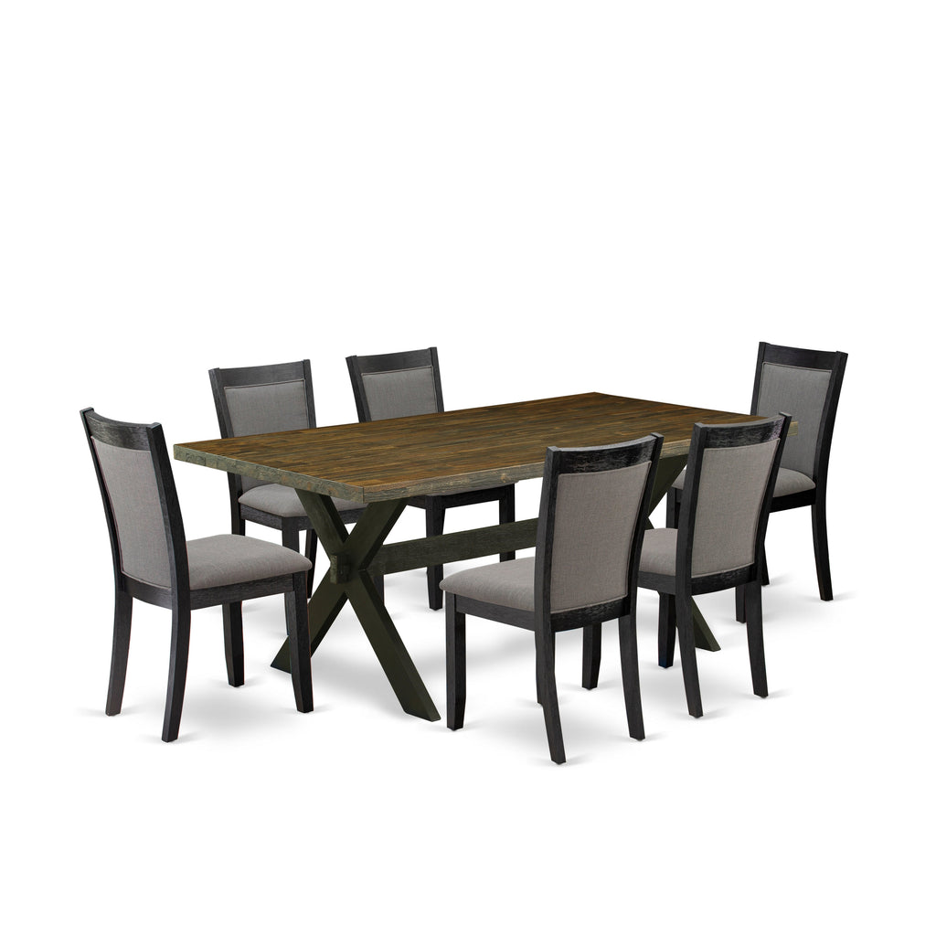 East West Furniture X677MZ650-7 7 Piece Kitchen Table & Chairs Set Consist of a Rectangle Dining Table with X-Legs and 6 Dark Gotham Grey Linen Fabric Parson Chairs