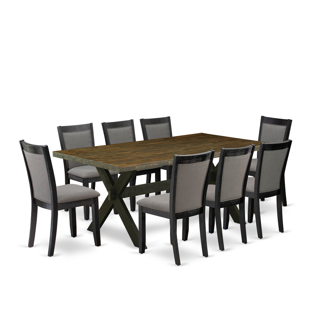 East West Furniture X677MZ650-9 9 Piece Dining Set Includes a Rectangle Dining Room Table with X-Legs and 8 Dark Gotham Grey Linen Fabric Upholstered Chairs