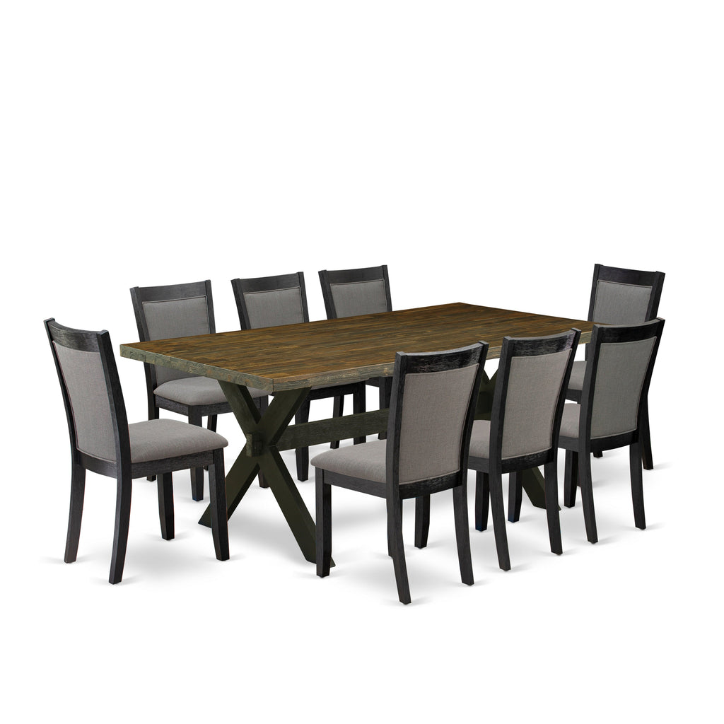 East West Furniture X677MZ650-9 9 Piece Dining Set Includes a Rectangle Dining Room Table with X-Legs and 8 Dark Gotham Grey Linen Fabric Upholstered Chairs, 40x72 Inch, Multi-Color
