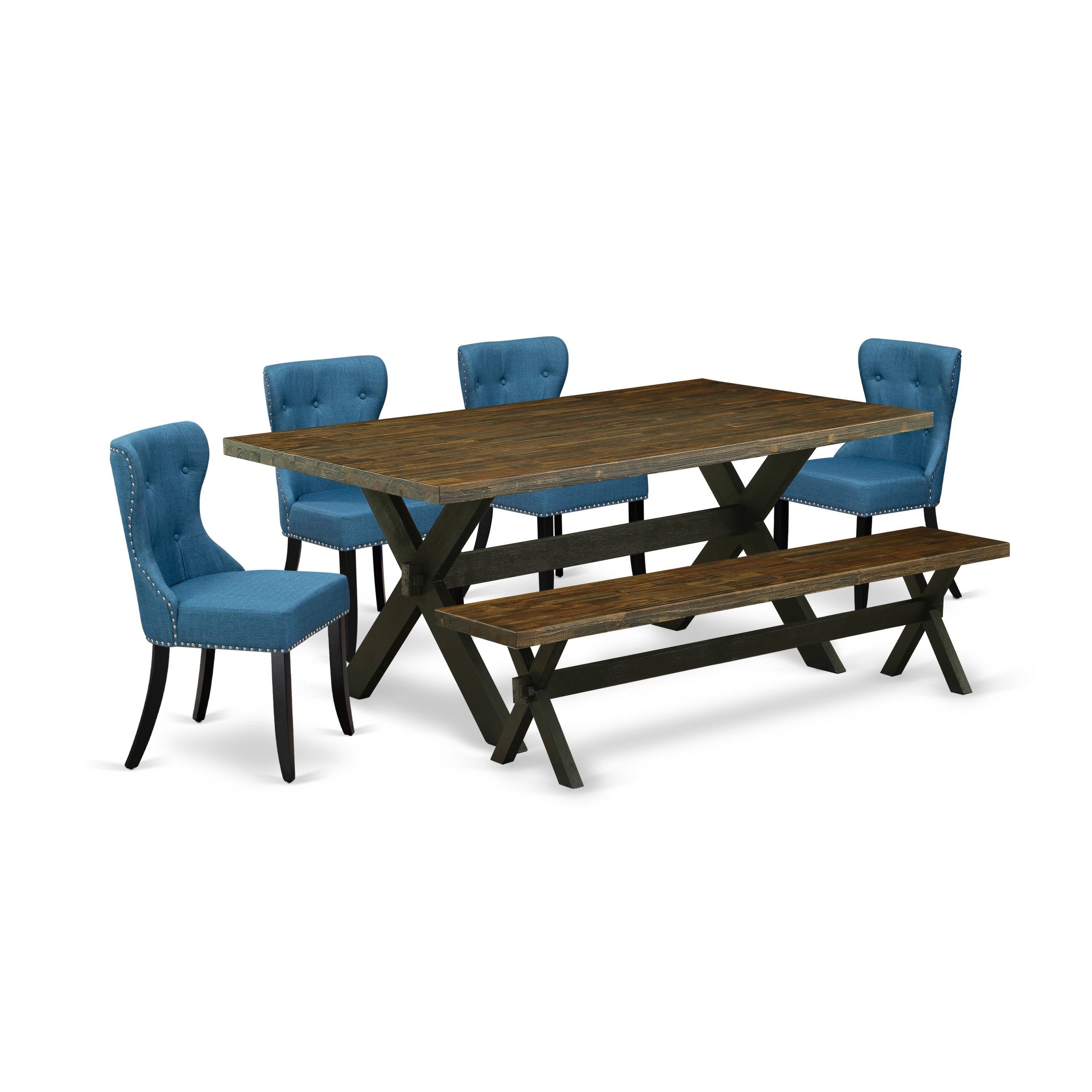East West Furniture X677SI121-6 6-Piece Dining Set- 4 Parson dining room chairs with Blue Linen Fabric Seat and Button Tufted Chair Back - Dining Table and Bench (Distressed Jacobean Finish)