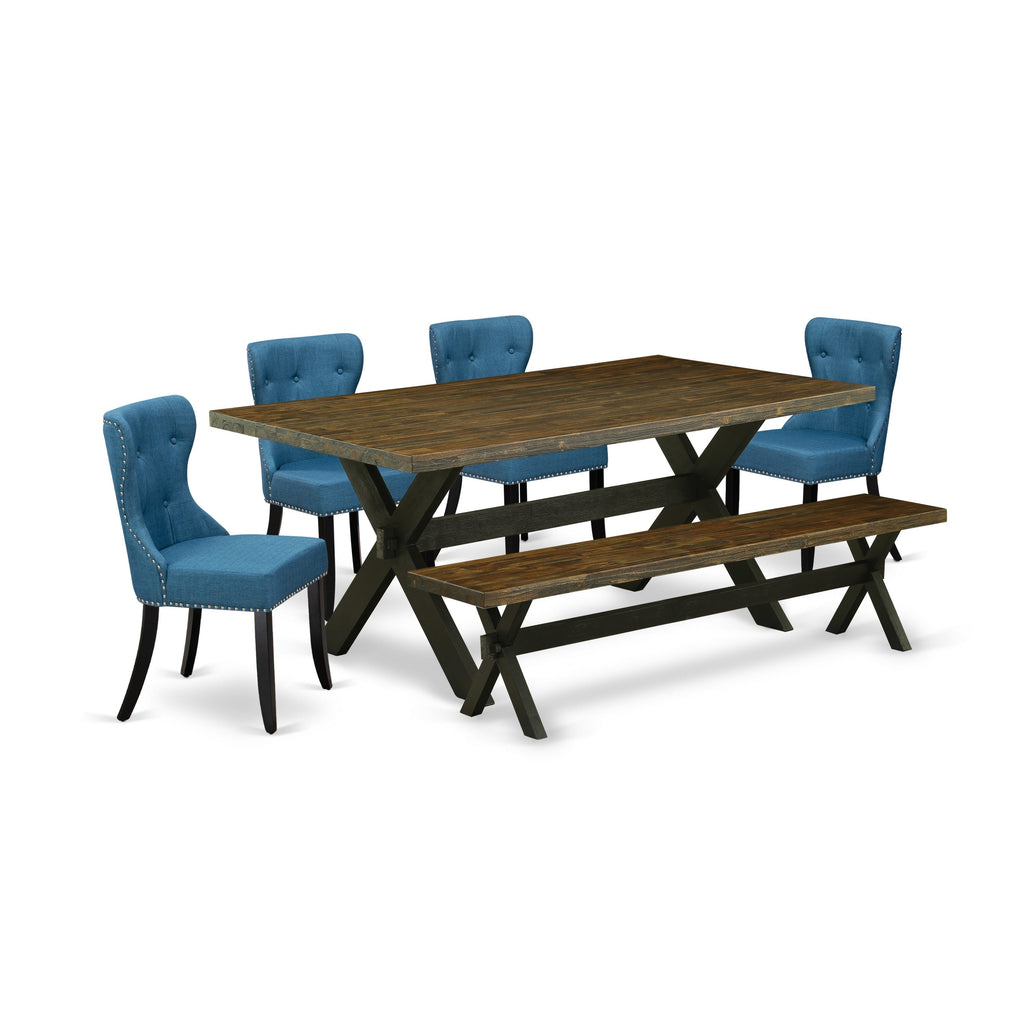 East West Furniture X677SI121-6 6 Piece Dining Set Contains a Rectangle Dining Room Table with X-Legs and 4 Blue Linen Fabric Parson Chairs with a Bench