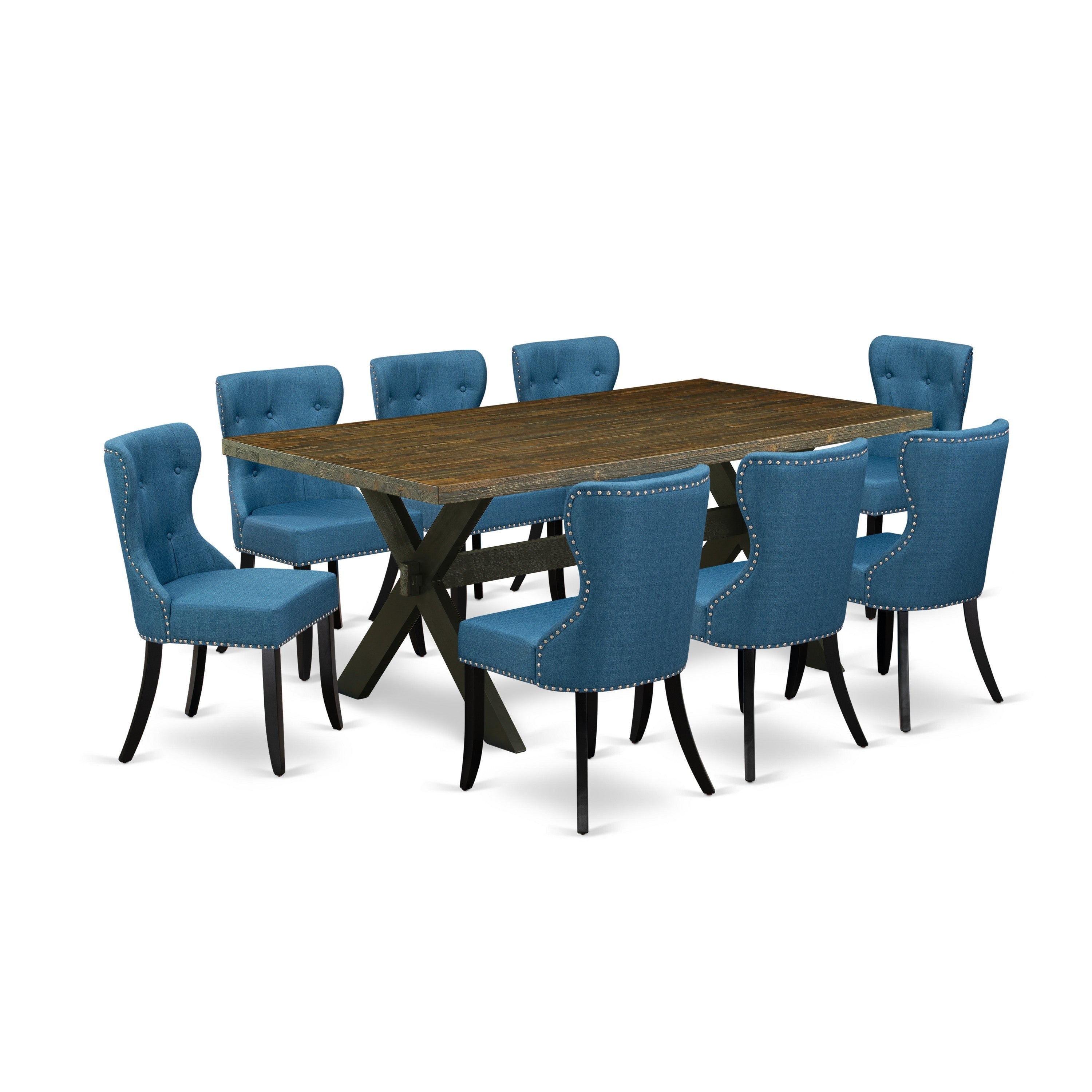 Juego de mesa de cocina de 9 piezas East West Furniture X677SI121-9. Incluye una mesa de comedor rectangular con patas en forma de X y 8 sillas de comedor Parsons de tela de lino azul.