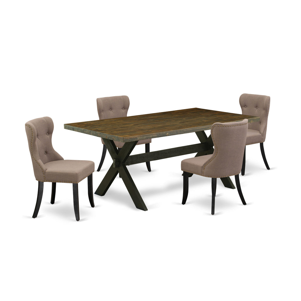 East West Furniture X677SI648-5 5 Piece Dinette Set for 4 Includes a Rectangle Dining Room Table with X-Legs and 4 Coffee Linen Fabric Upholstered Parson Chairs