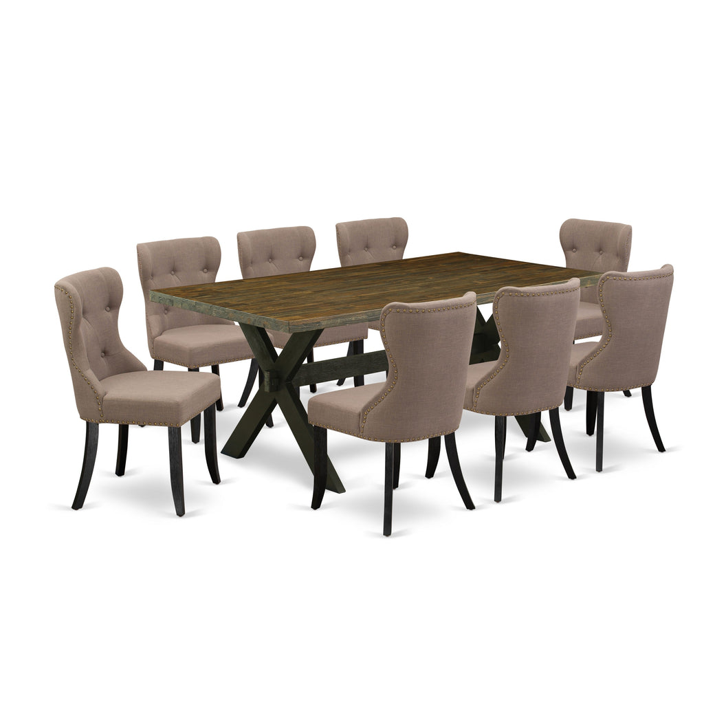 East West Furniture X677SI648-9 9 Piece Kitchen Table Set Includes a Rectangle Dining Table with X-Legs and 8 Coffee Linen Fabric Parson Dining Chairs