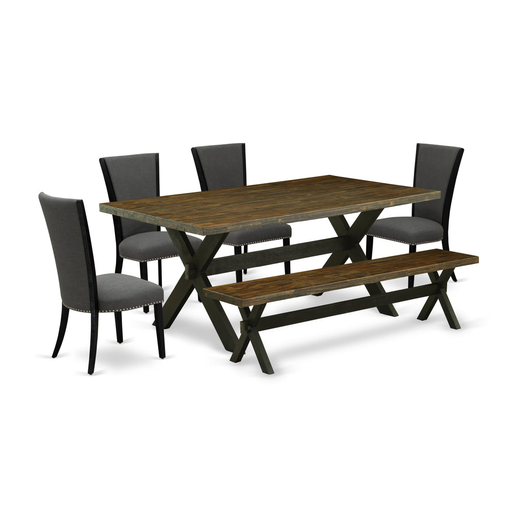 East West Furniture X677VE650-6 6 Piece Dining Table Set Contains a Rectangle Kitchen Table with X-Legs and 4 Dark Gotham Linen Fabric Parson Chairs with a Bench