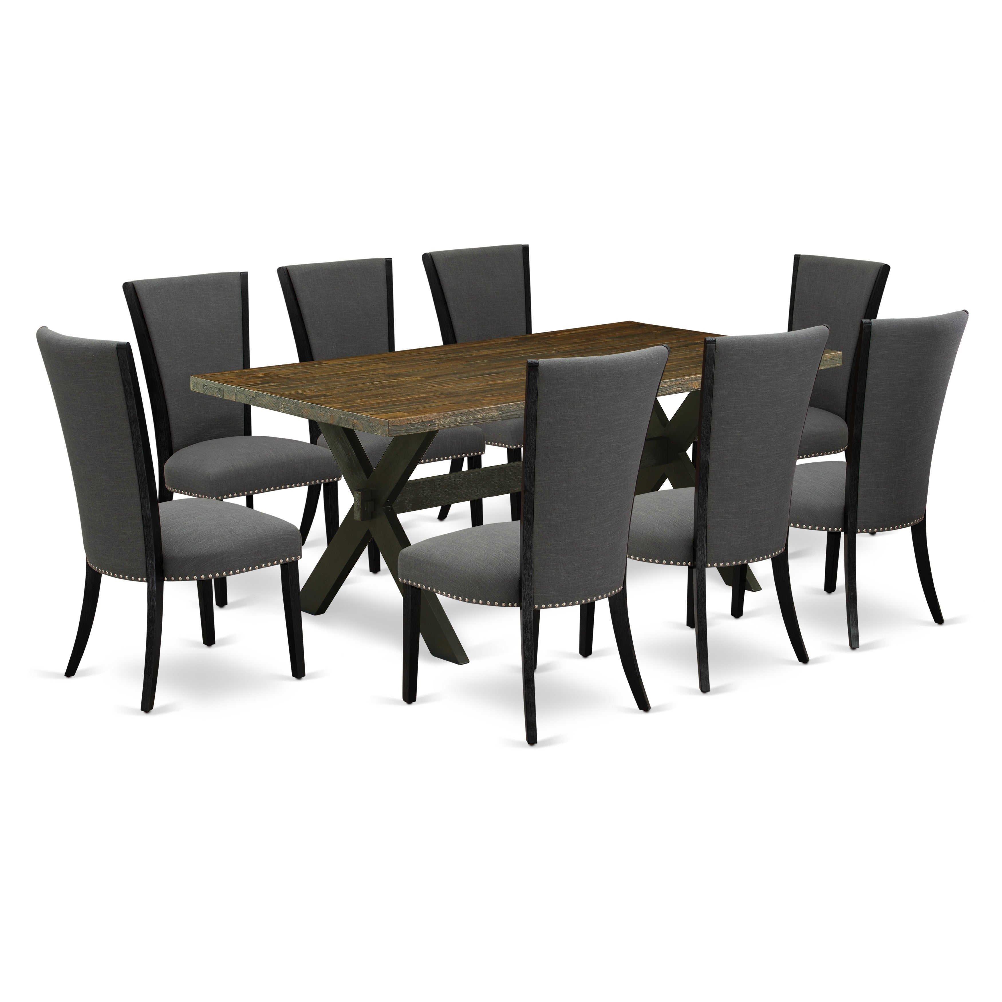 East West Furniture X677VE650-9 9Pc Kitchen Table Sets Consists of a Rectangle Table and 8 Parsons Dining Room Chairs with Dark Gotham Grey Color Linen Fabric, Medium Size Table with Full Back Chairs, Wirebrushed Black and Distressed Jacobean Finish