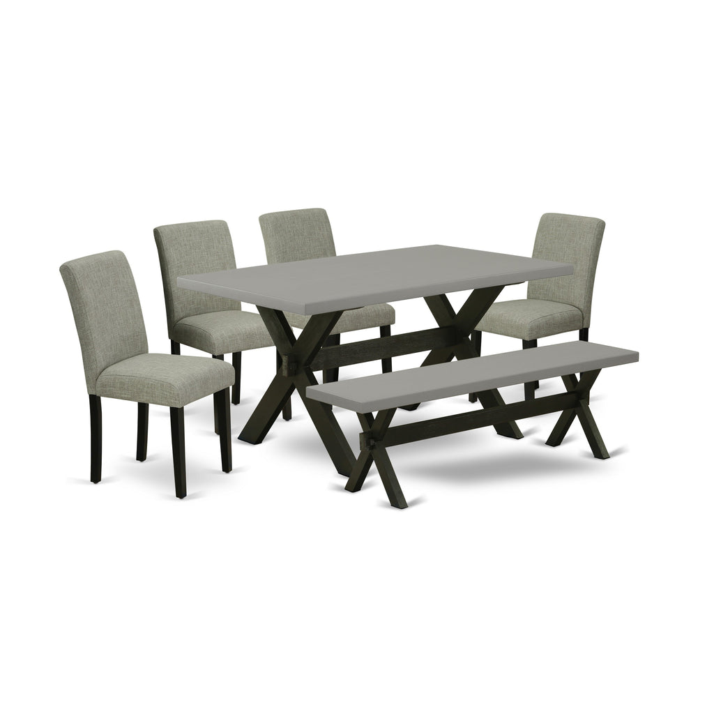 Juego de comedor de 6 piezas East West Furniture X696AB106-6. Contiene una mesa de comedor rectangular con patas en forma de X y 4 sillas Parson de tela de lino Shitake con un banco.