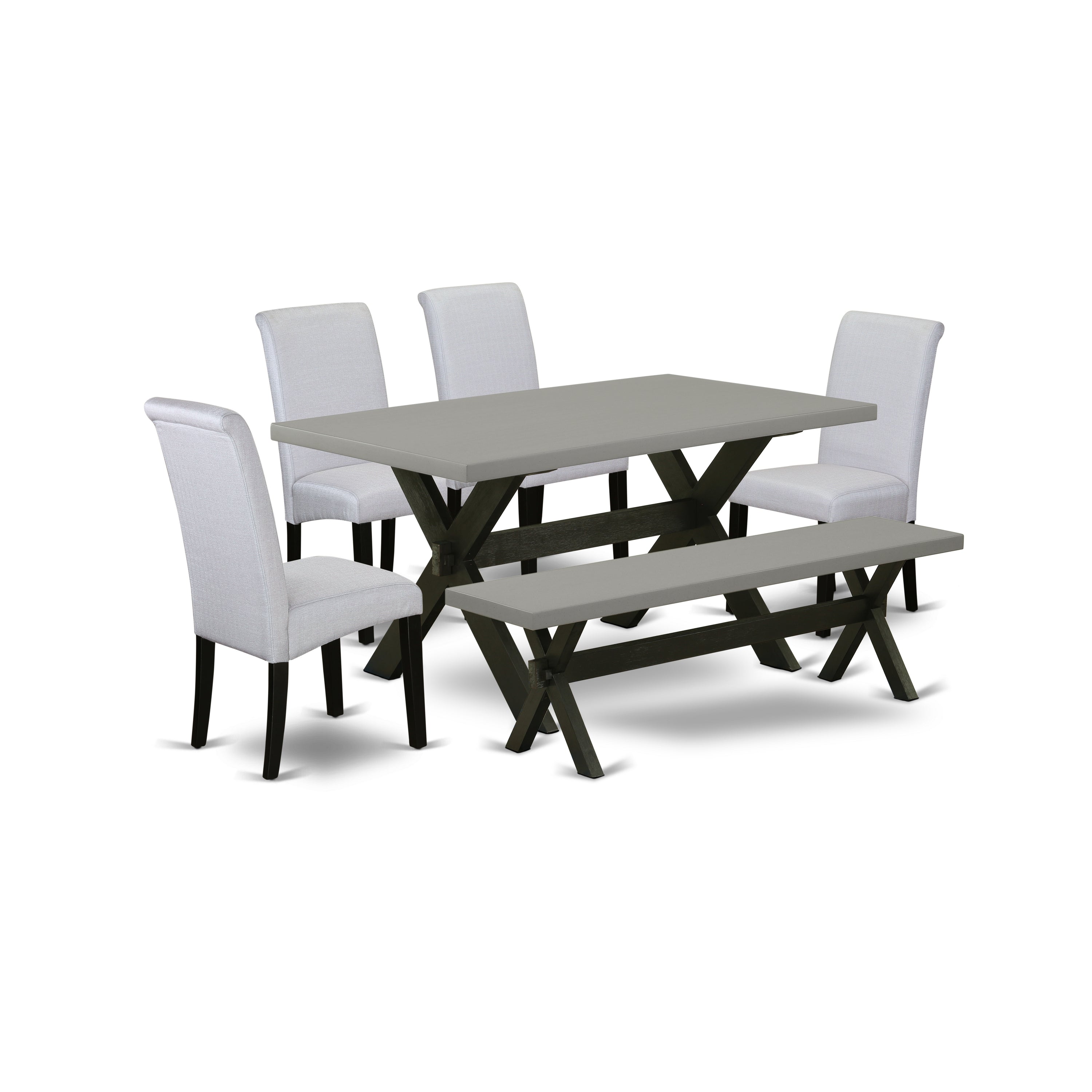 East West Furniture X696BA105-6 6 Pc Dinner Table Set Consists of a Cement Dining Table and a Dinning Bench, 4 Grey Linen Fabric Upholstered Dining Chairs with High Back - Wire Brushed Black Finish