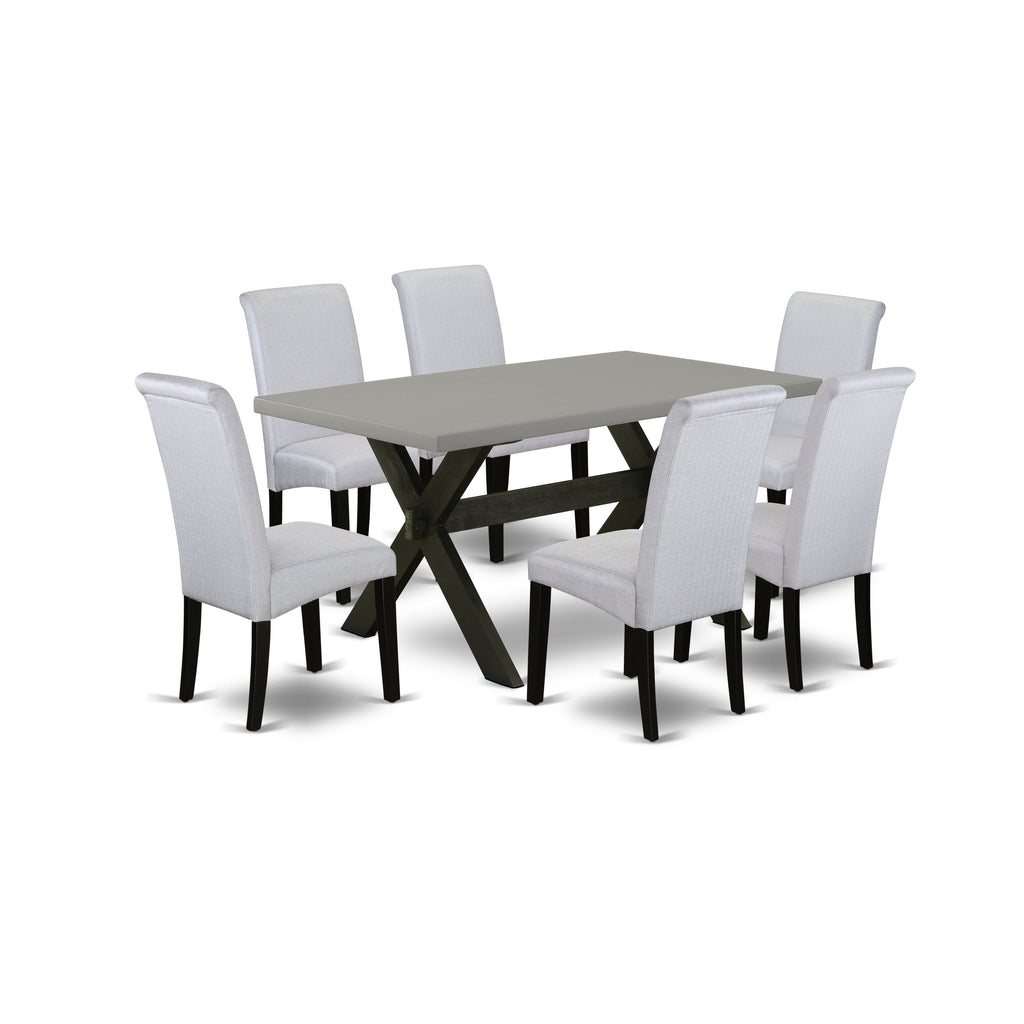 Juego de mesa de comedor de 7 piezas East West Furniture X696BA105-7 compuesto por una mesa rectangular con patas en forma de X y 6 sillas tapizadas en tela de lino gris.