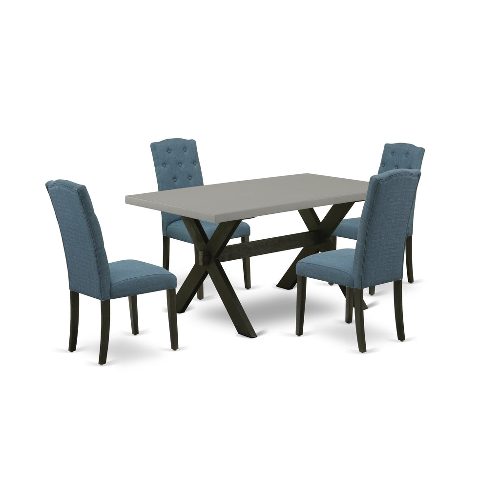 East West Furniture X696CE121-5 5 Piece Dining Room Table Set Includes a Rectangle Kitchen Table with X-Legs and 4 Mineral Blue Linen Fabric Parson Dining Chairs
