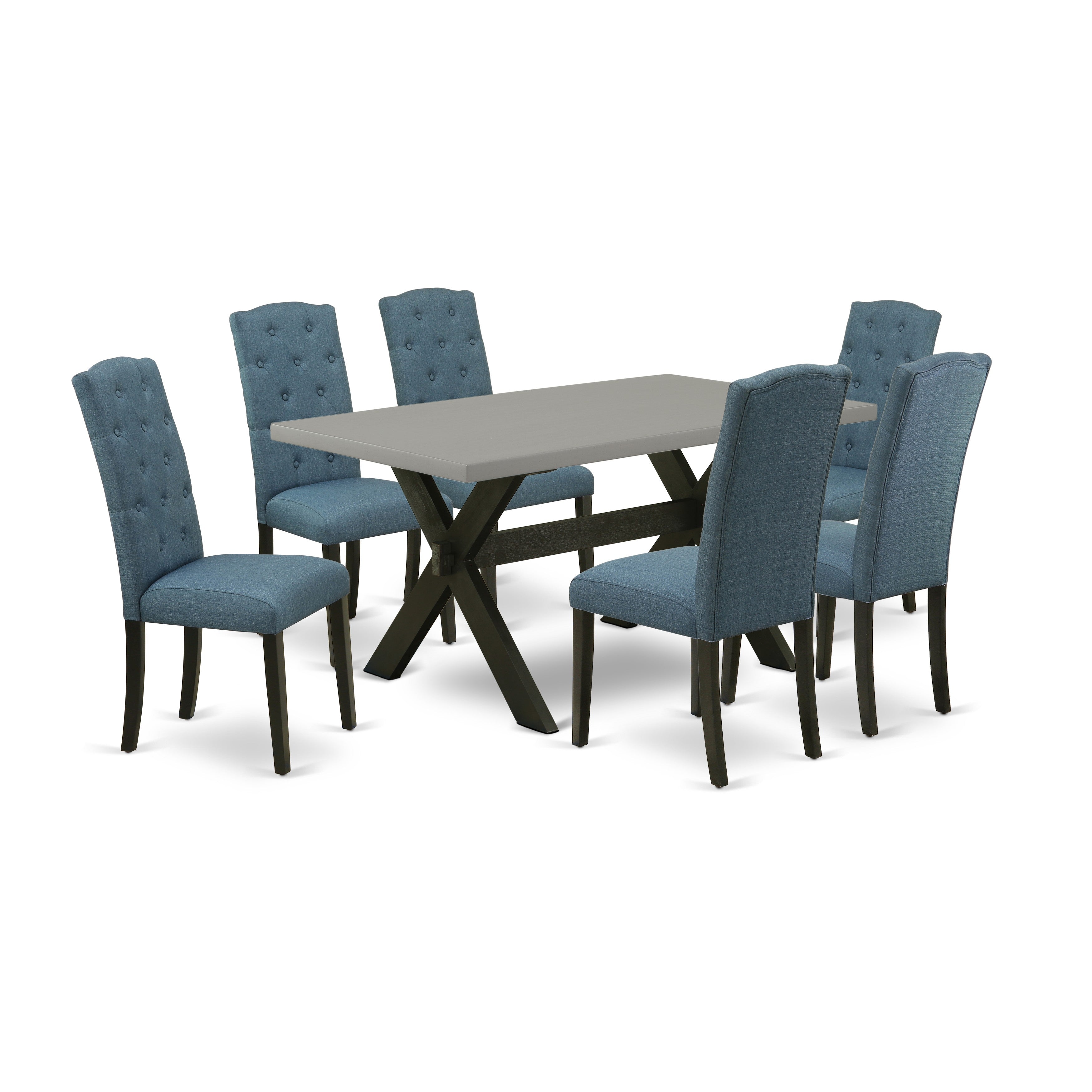 Juego de comedor de 7 piezas East West Furniture X696CE121-7 compuesto por una mesa de comedor rectangular con patas en forma de X y 6 sillas tapizadas en tela de lino azul mineral.