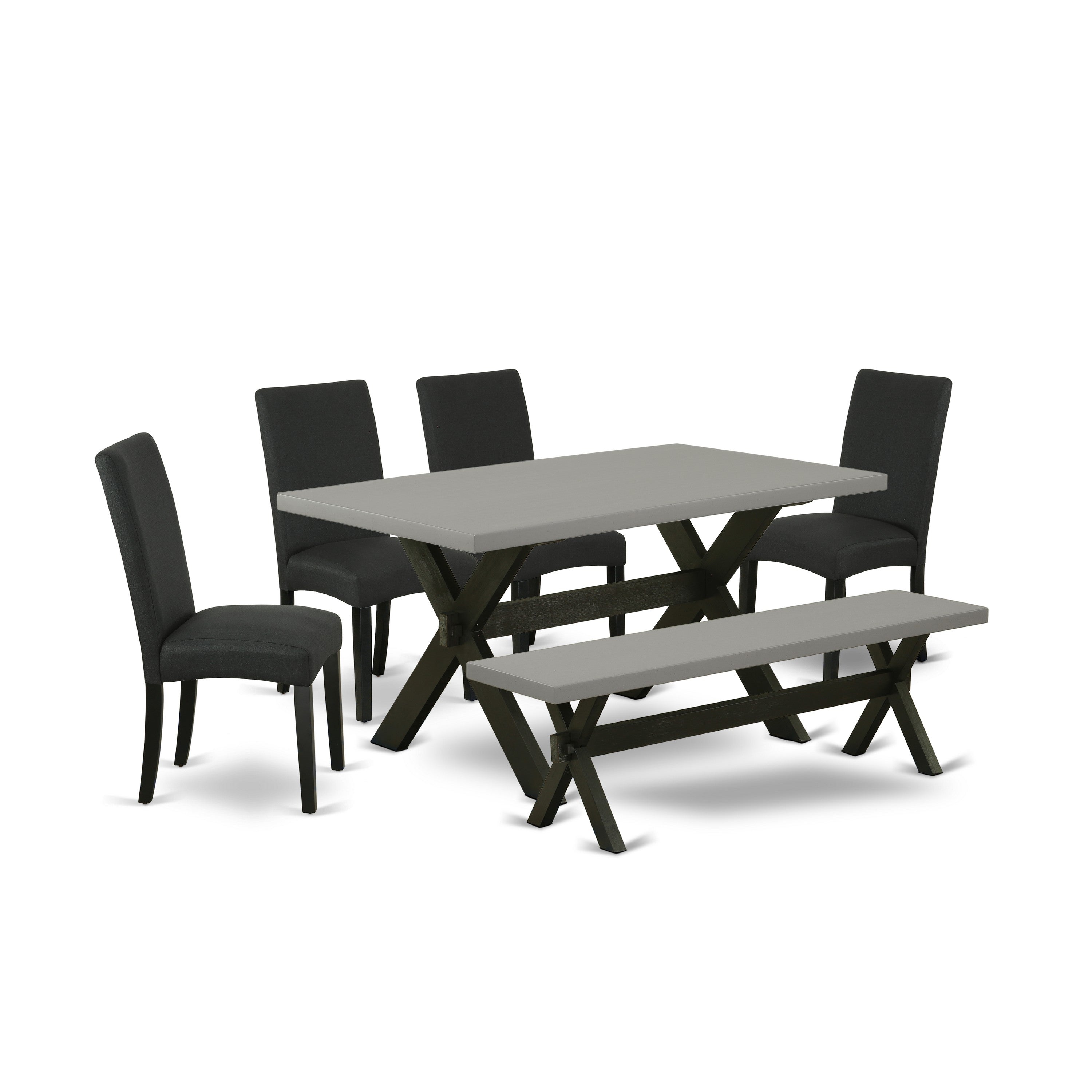 East West Furniture X696DR124-6 6-Pc Modern Dining Set- 4 Mid Century Dining Chairs with Black Linen Fabric Seat and Stylish Chair Back - Rectangular top & Wooden Cross Legs Wood Kitchen Table and Bench - Cement and Black Finish