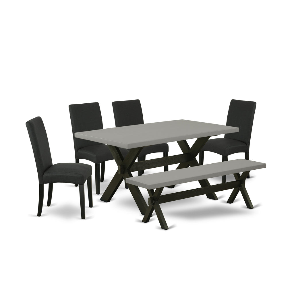 East West Furniture X696DR124-6 6 Piece Dining Set Contains a Rectangle Dining Room Table with X-Legs and 4 Black Color Linen Fabric Parson Chairs with a Bench