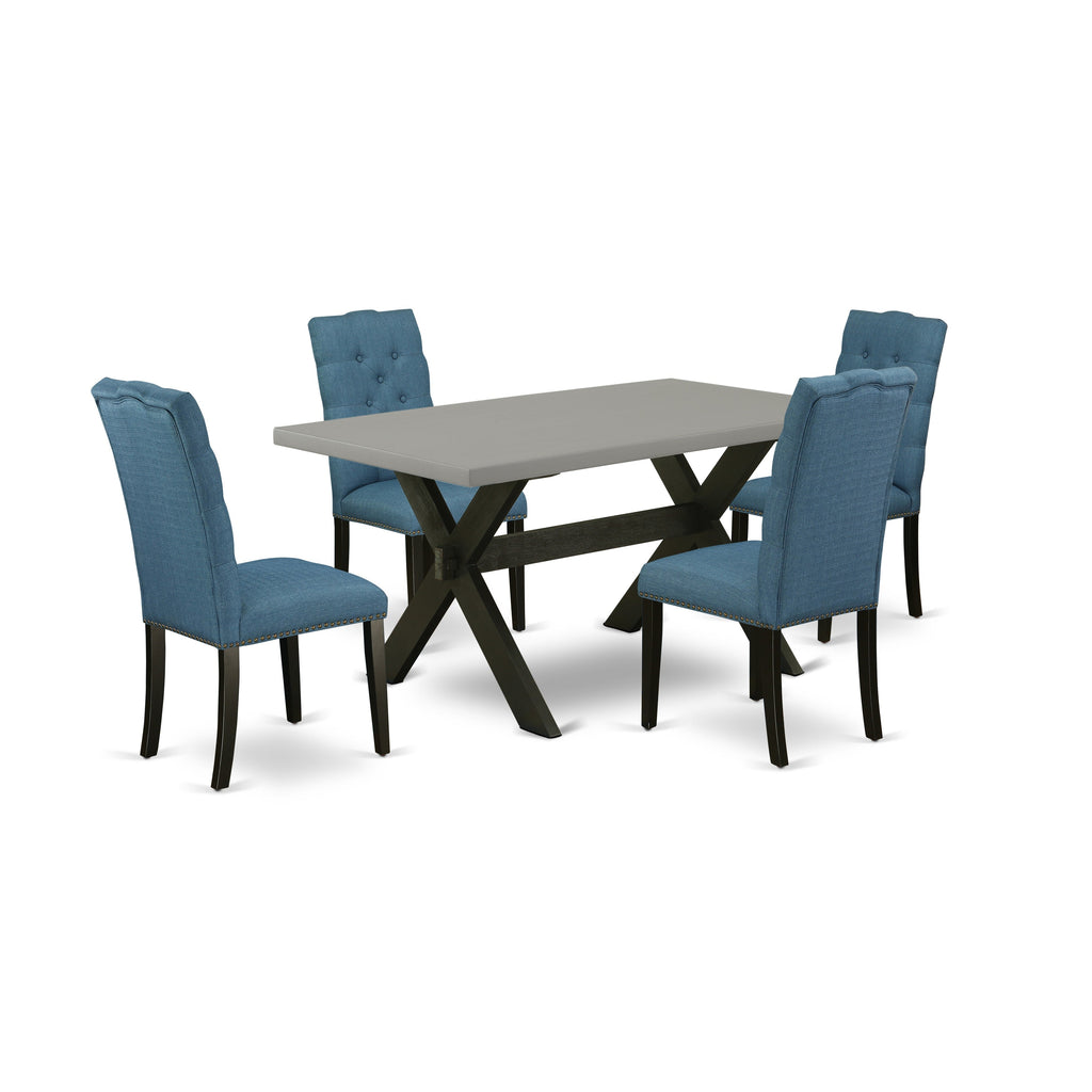 Juego de mesa de comedor East West Furniture X696EL121-5 de 5 piezas para 4 personas. Incluye una mesa de cocina rectangular con patas en forma de X y 4 sillas tapizadas en tela de lino azul.