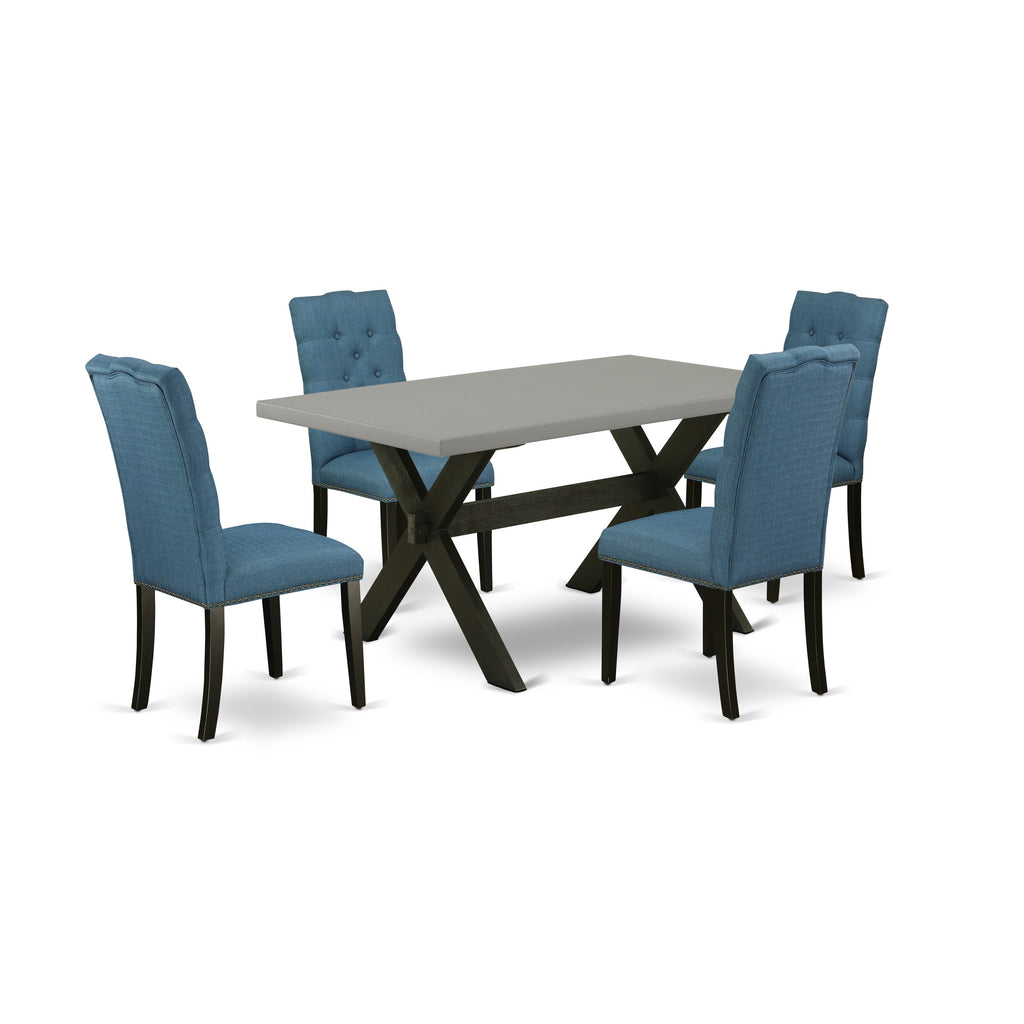 East West Furniture X696EL121-5 5 Piece Dining Table Set for 4 Includes a Rectangle Kitchen Table with X-Legs and 4 Blue Linen Fabric Upholstered Chairs, 36x60 Inch, Multi-Color