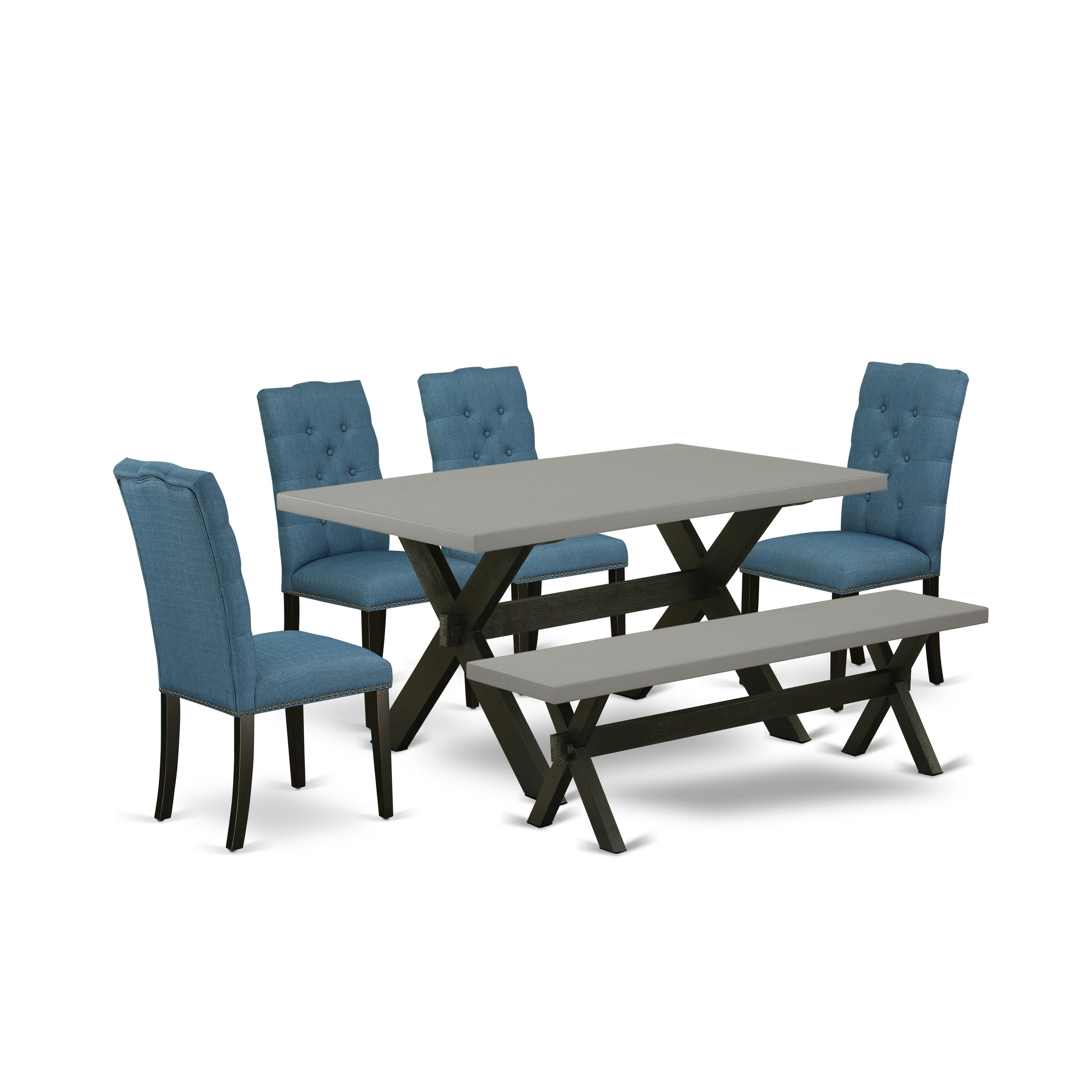 East West Furniture X696EL121-6 6-Piece Dining Set with Dining Room Table and Dining Bench - 4 Linen Fabric kitchen chairs (Wire Brushed Black Finish)