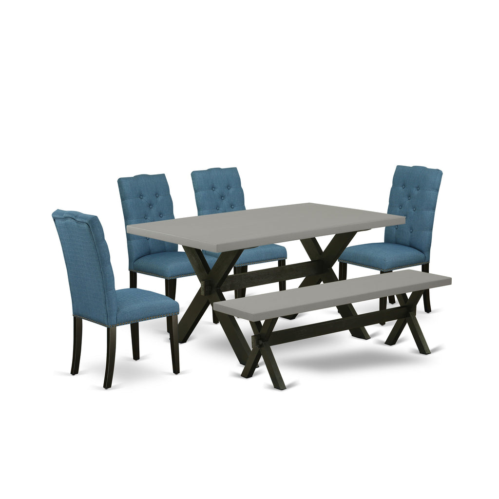 Juego de mesa y sillas de cocina de 6 piezas East West Furniture X696EL121-6. Contiene una mesa rectangular de madera y 4 sillas Parson de tela de lino azul con un banco.