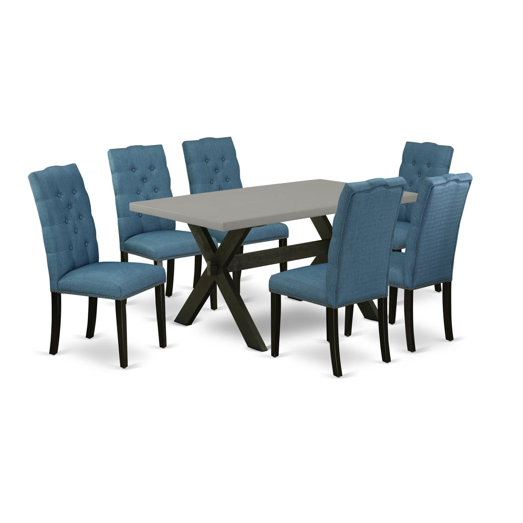 Juego de comedor de 7 piezas East West Furniture X696EL121-7 compuesto por una mesa de comedor rectangular con patas en forma de X y 6 sillas tapizadas en tela de lino azul.