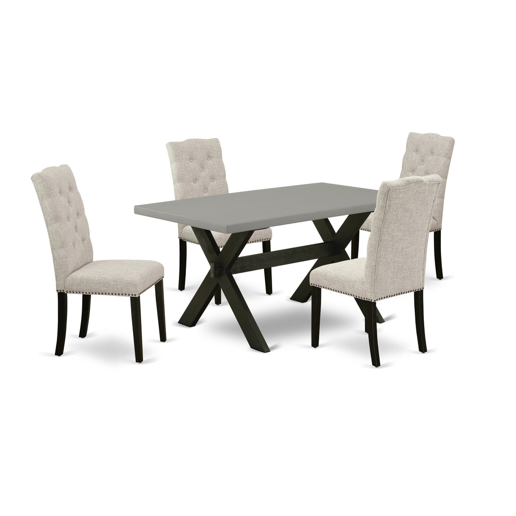 Juego de mesa de comedor moderna de 5 piezas East West Furniture X696EL635-5. Incluye una mesa rectangular de madera con patas en forma de X y 4 sillas de comedor Parson de tela de lino y piel de venado.
