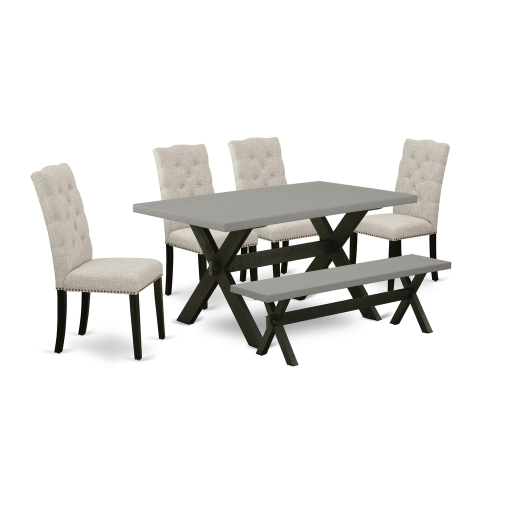 Juego de comedor de 6 piezas East West Furniture X696EL635-6. Contiene una mesa de comedor rectangular con patas en forma de X y 4 sillas Parson de tela de lino y piel de venado con un banco.
