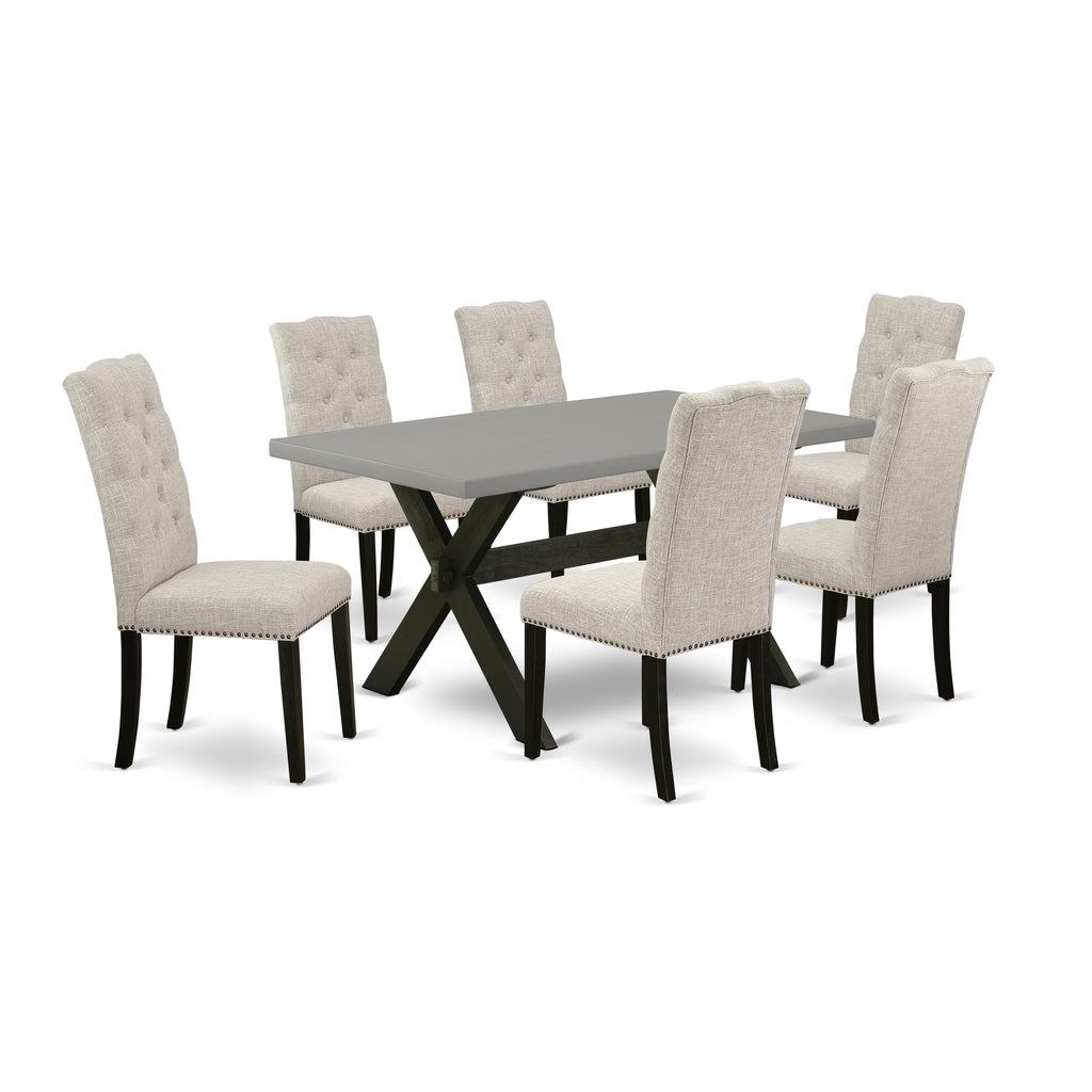Juego de comedor de 7 piezas East West Furniture X696EL635-7 compuesto por una mesa de comedor rectangular con patas en forma de X y 6 sillas Parsons de tela de lino y piel de venado.