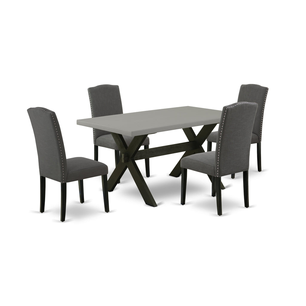 Juego de comedor de 5 piezas East West Furniture X696EN120-5. Incluye una mesa de comedor rectangular con patas en forma de X y 4 sillas tapizadas en tela de lino Gotham oscuro.